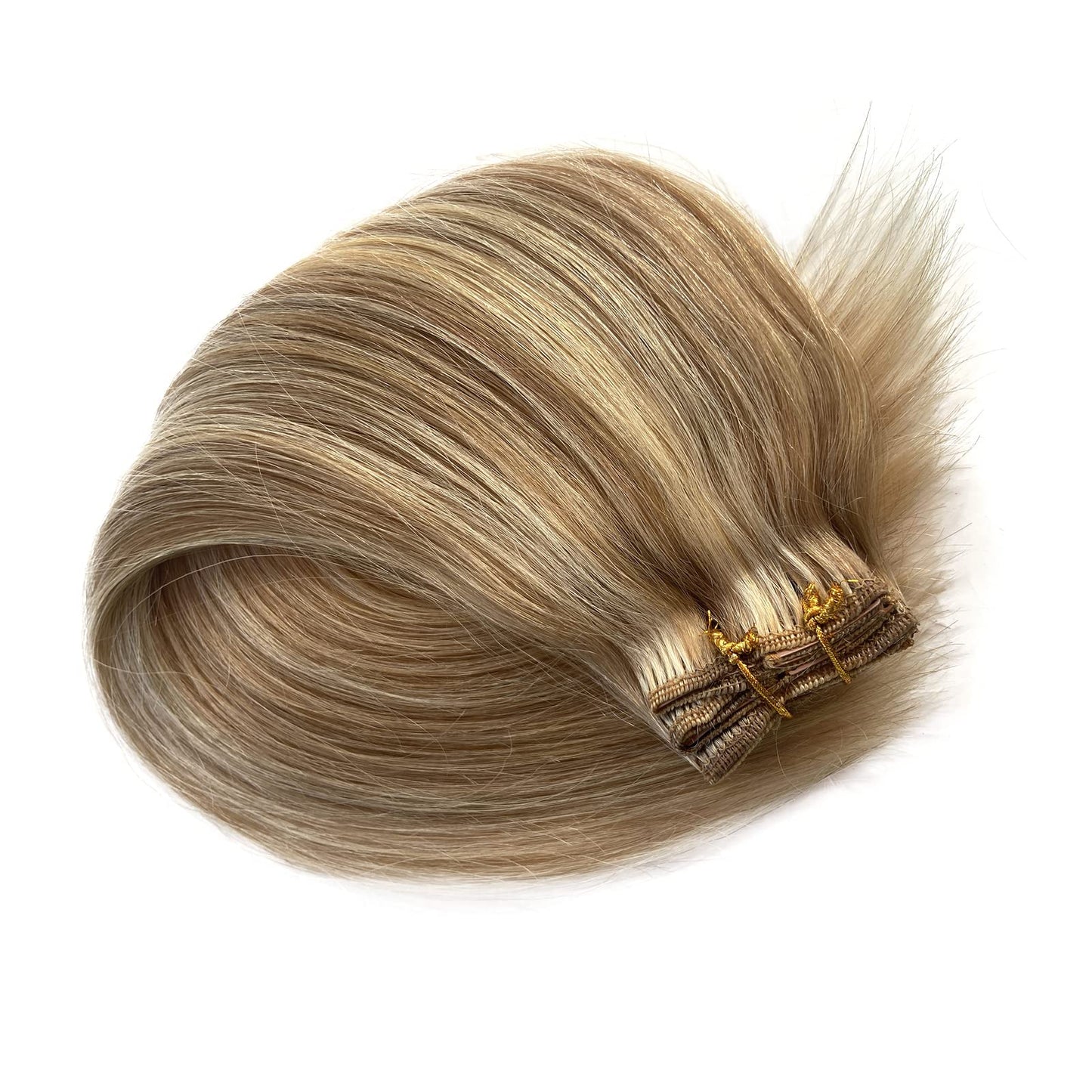 Hair Extensions Clip in Human Hair, Golden Blonde to Light Blonde Highlights Remy Human Hair Clip in Extensions 7 Pieces 70G Double Wefts 14 Inch Clip in Hair Extensions for Fine Hair Women