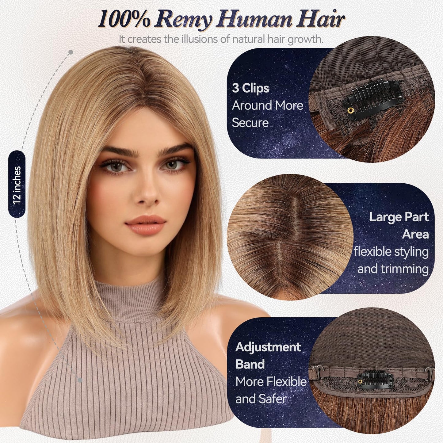 starluck Human Hair Wig for Women Wigs Real Human Hair Ligth Brown Wigs Layered Bob Wig 12 Inch Silk Base Realistic and Resistant for Daily Party Use