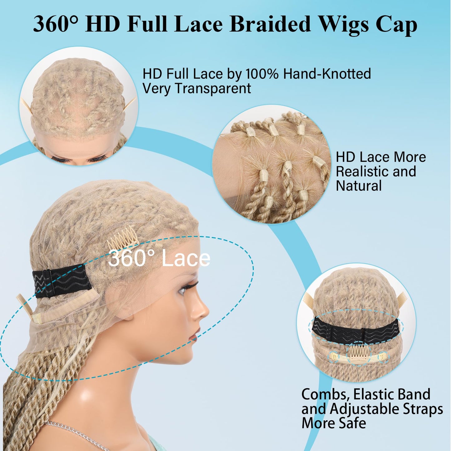 Olymei 360° HD Full Lace Braided Wigs for Women Knotless Boho Braided Wigs Twisted Braids Lace Wig with Baby Hair Premium Synthetic Braided Lace Front Wigs 36" Light Brown Ombre Blonde