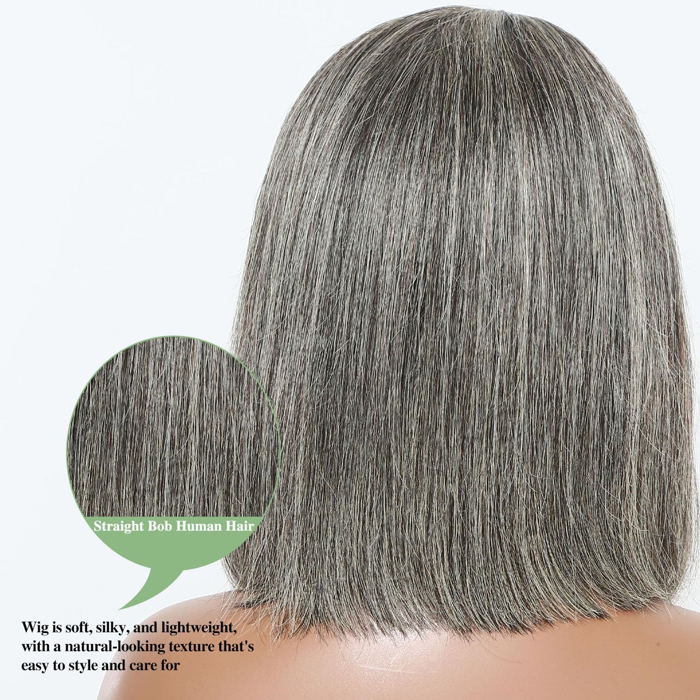 HANASCC 12" Salt and Pepper Human Hair Wigs Pre Plucked Grey Straight Short Bob Wig Pre Cut 5x5 Closure HD Transparent Gluelss Gray Lace Front Wigs for Women