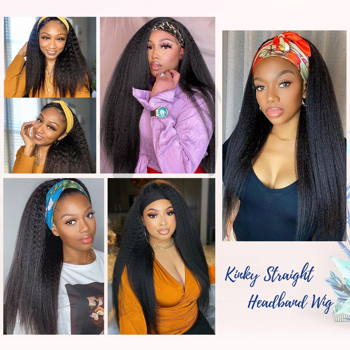 G&T Wig Yaki Straight Headband Wigs for Black Women Synthetic Yaki Headband Wig Long Kinky Straight Hair Wigs With Hair Band Attached 20 inch Full Machine Made None Lace Front Wig Natural Black Color