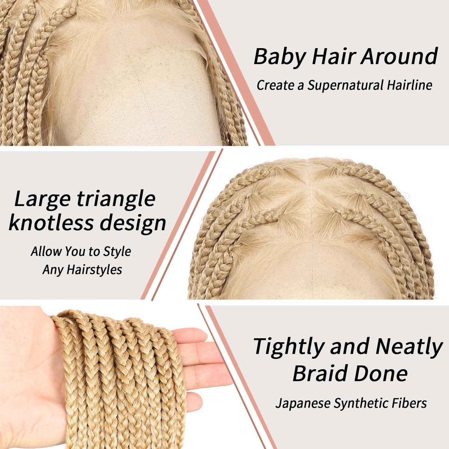 Lexqui 36" 360° HD Full Lace Braided Wigs for Women Box Braid Wig with Baby Hair Handamde Synthetic Hair Triangle Knotless Braided Wigs Natural Braid Lace Front Wig Blonde