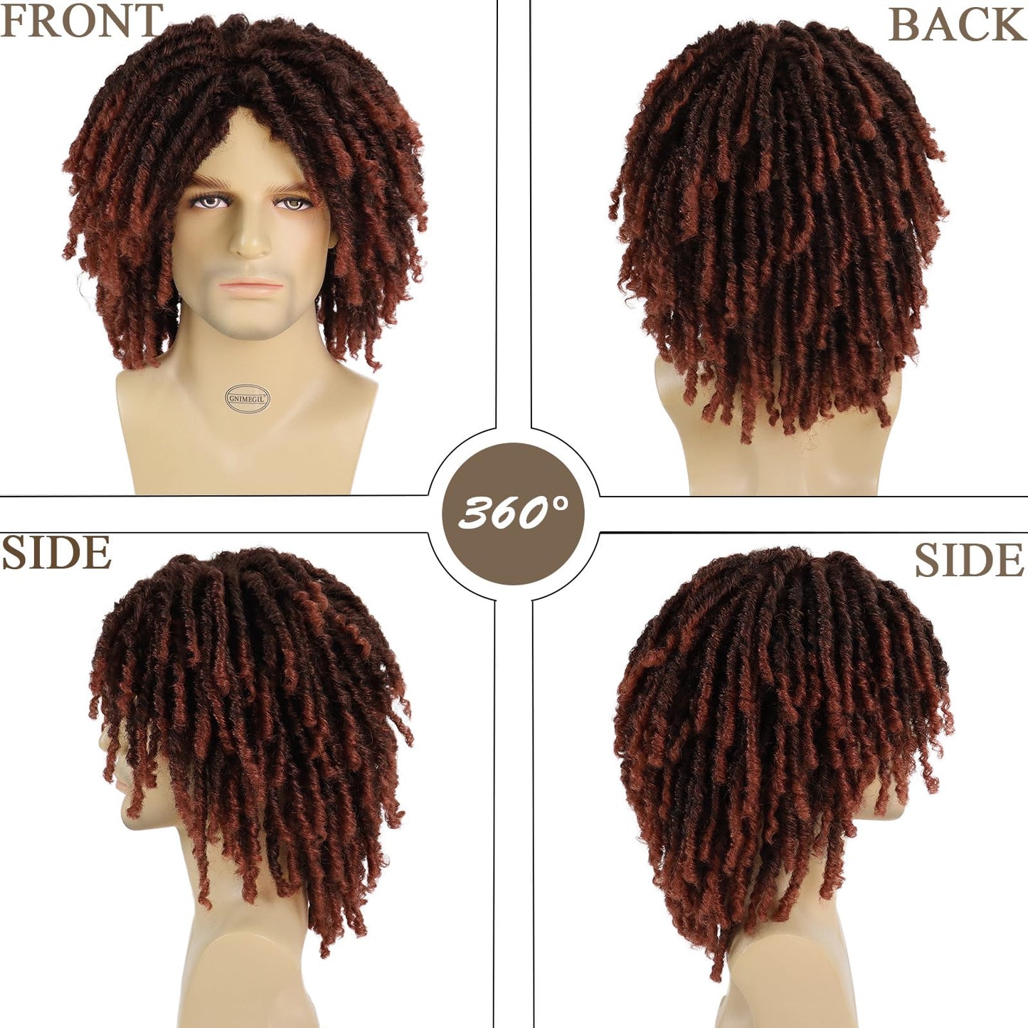 GNIMEGIL Short Fake Dreads Wigs for Men Dreadlock Wig Ombre Auburn Crochet Twist Lco Braided Wig 14 Inches African American Wigs Afro Style Synthetic Hair Rocker Costume Rasta Cosplay T1B/350 Color