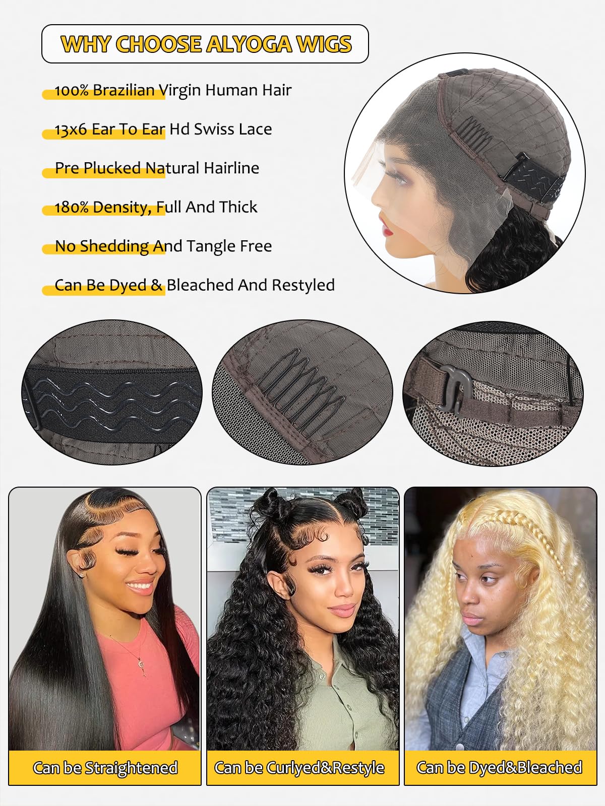 ALYOGA 13x6 Deep Wave Lace Front Wigs Human Hair 200 Density Pre Plucked with Baby Hair Water Wave Wigs for Women Glueless Natural Color 32 inch