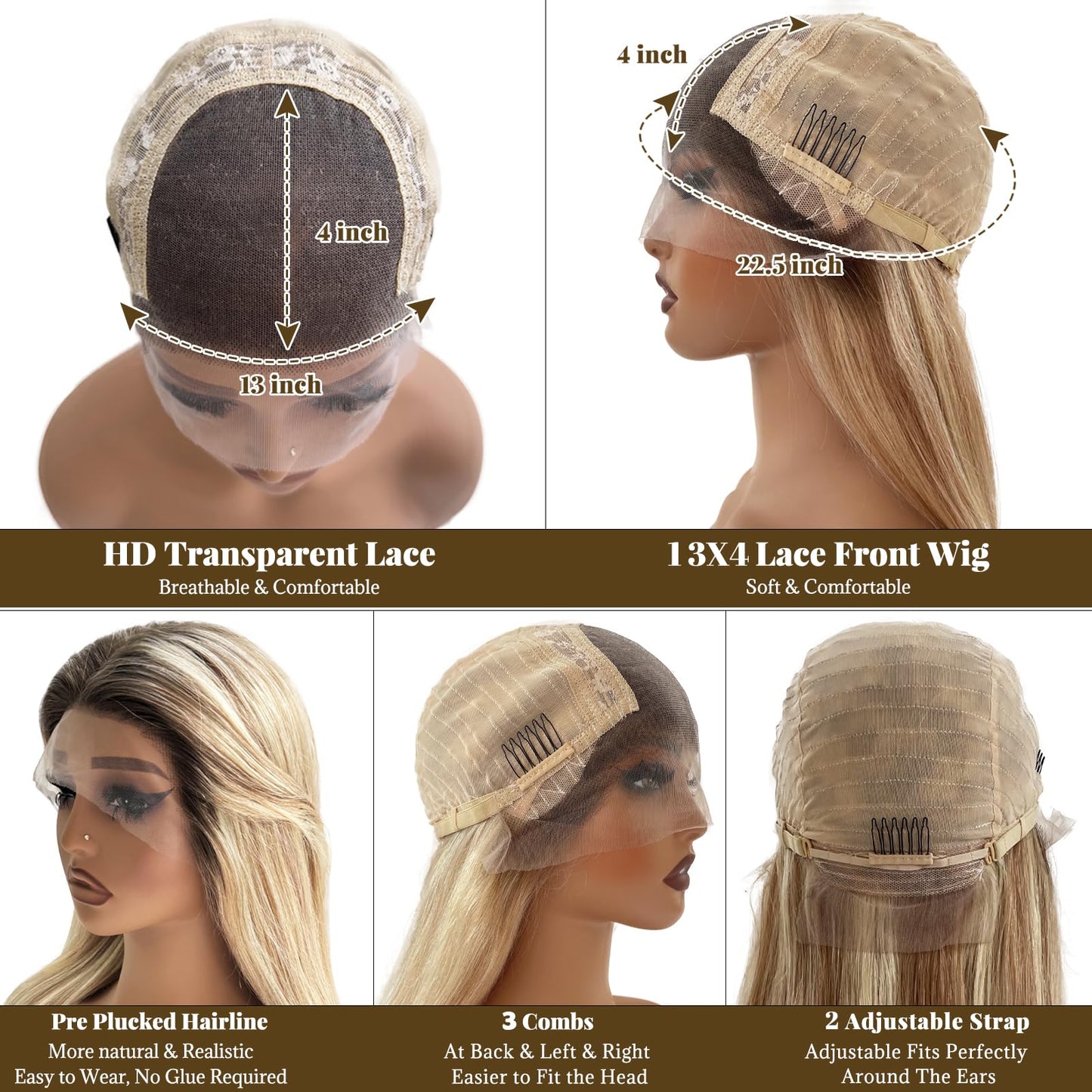 16Inch Highlight Lace Front Wigs Human Hair Ombre 13x4 Straight HD Lace Front Wig Golden Brown to Blonde Balayage Lace Frontal Wig for Women 150% Density Glueless Pre Plucked with Baby Hair