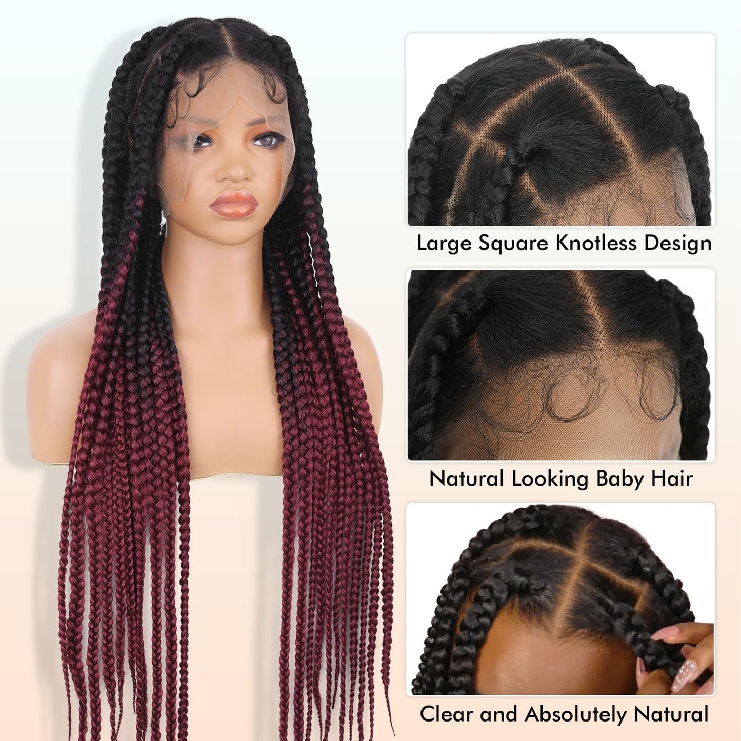 Lady Miranda Full Lace Jumbo Braided Wigs for Black Women Knotless Box Braid Wig with Baby Hair 32" Glueless Wigs Jumbo Box Braids Lace Front Synthetic Wig (1B/BUG)