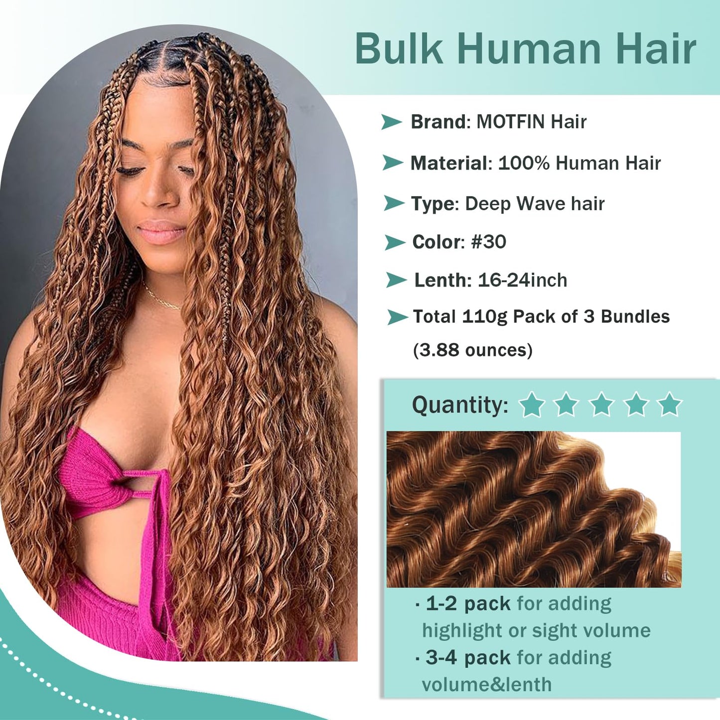 Human Braiding Hair for Boho Braids Human Hair 110g 24 Inch Curly Boho Hair for Braiding Knotless 12A Deep Wave Bohemian 3 Bundles/Pack Auburn Ginger