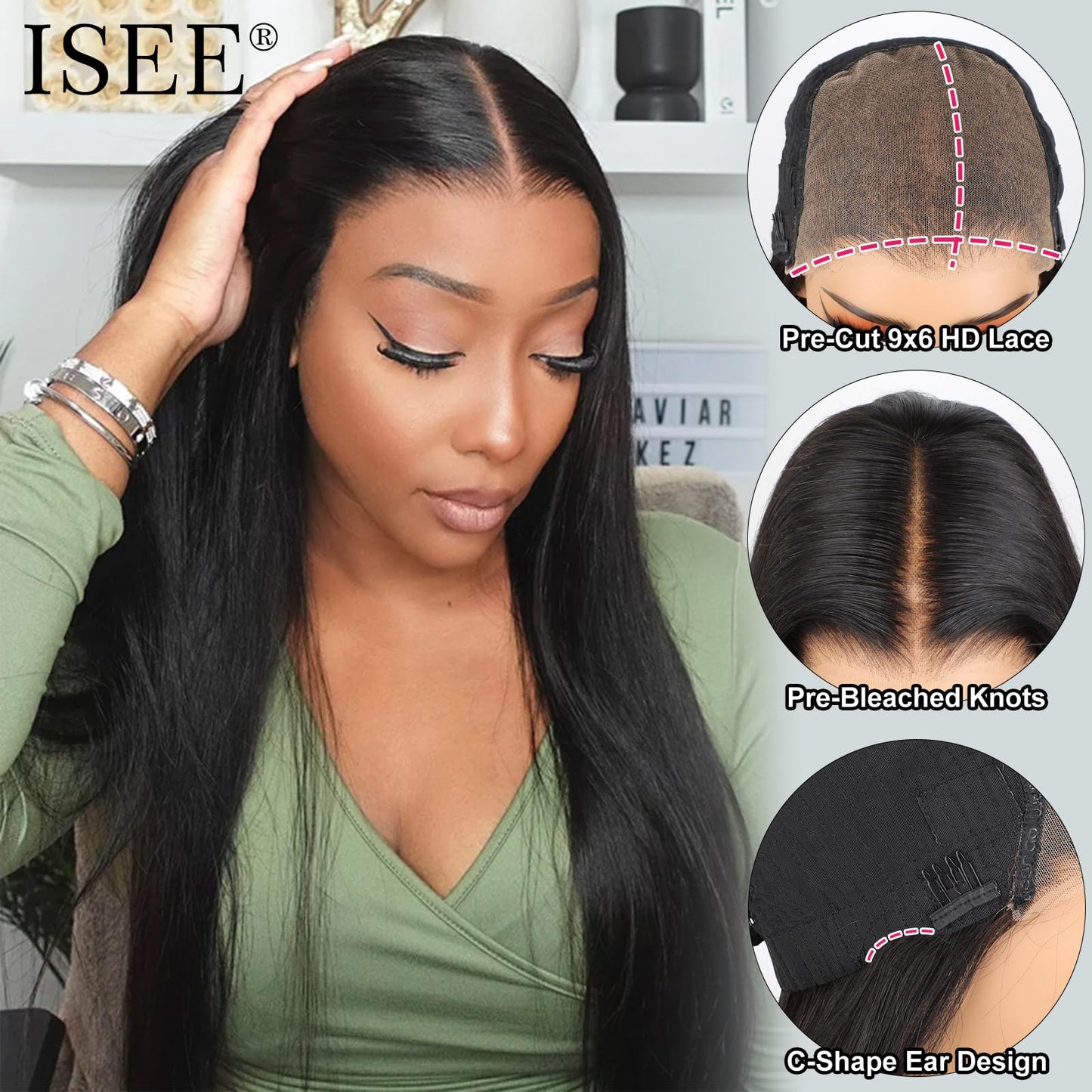 ISEE HAIR Straight Wear Go Glueless Wig Human Hair Pre Plucked Pre Cut 9x6 HD Lace Pre Bleached Tiny Knots Human Hair Wigs For Women 20 Inch