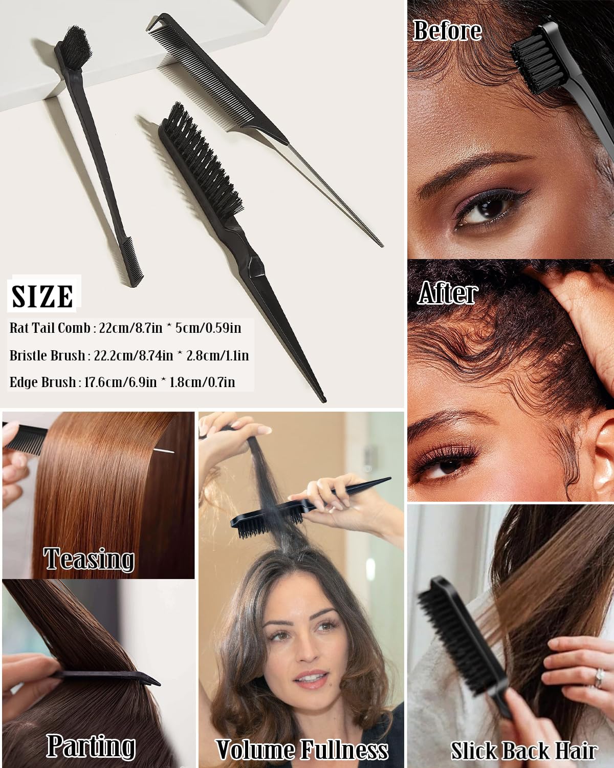 Slick Back Hair Brush Set: Hair Wax, Edge Brush, Rat Tail Comb, Bristle Brush, Hair Bun Accessories, Smoothing Brush for Women, Kids & Teen Girls