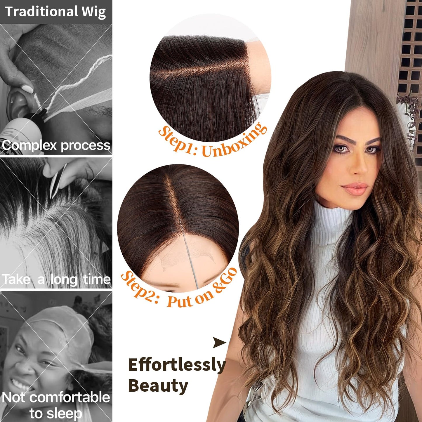 Nnzes Long Brown Wavy Wig with Highlights Middle Part Curly Wigs Lace Hairline Wigs for Women Ombre Brown Synthetic Heat Resistant Wigs for Daily Part Use