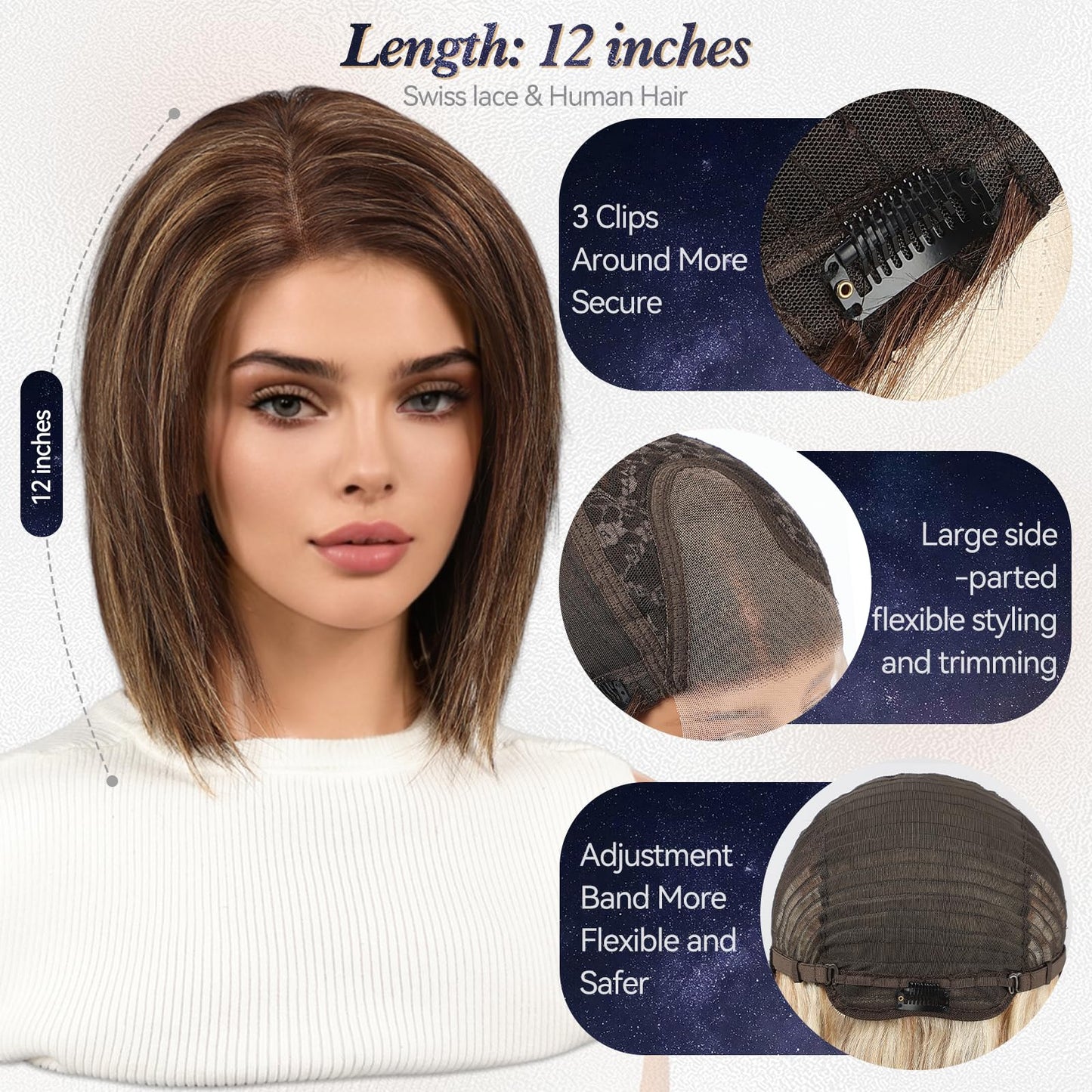 starluck Human Hair Wig Lace Front Wigs Real Human Hair Wigs For Women Wig Side Part 6"*5"*2" HD Lace Dark Brown with Blonde Highlights 12 Inch Realistic and Natural for Daily Party Use