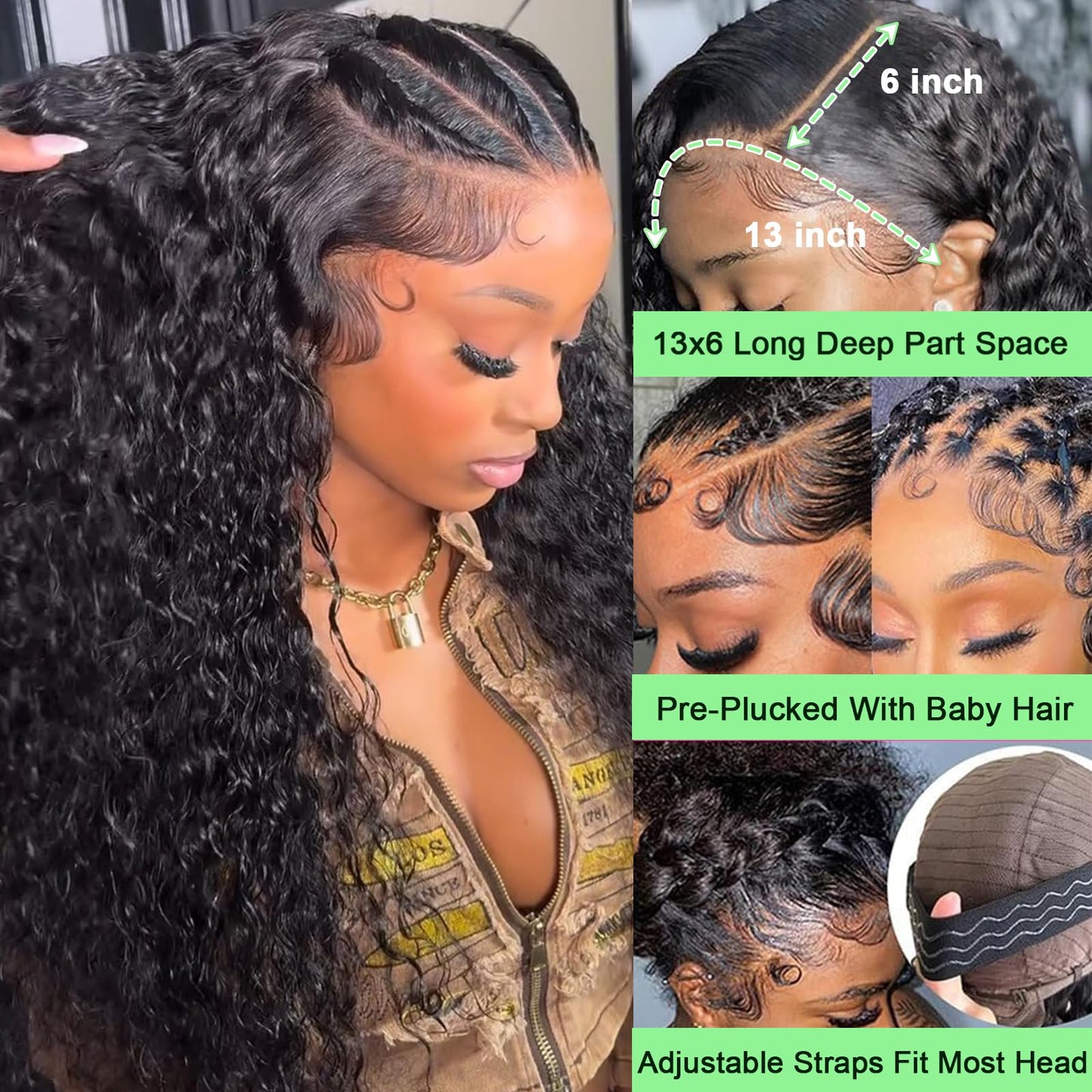 Vnrtkkn 13x6 HD Transparent Deep Wave Lace Front Wigs Human Hair Wig for Women 200% Density Deep Curly Human Hair Wig 24 Inch Wet and Wave Frontal Wigs Human Hair Curly Wig with Baby Hair