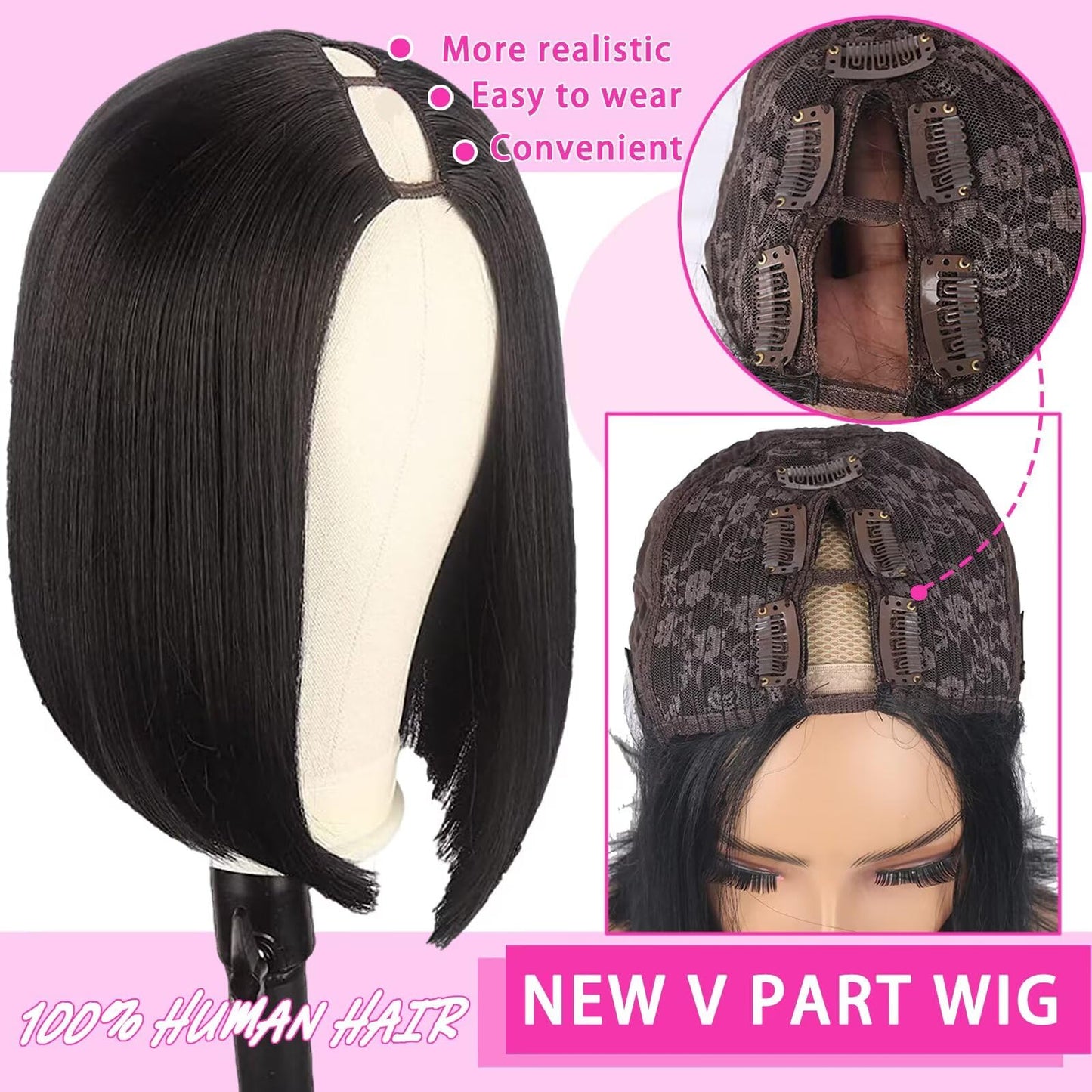 Atikual V Part Wig Human Hair For Black Women 12Inch Short Bob Straight Glueless Wigs Brazilian Remy Human Hair Clip in Half Natural Black