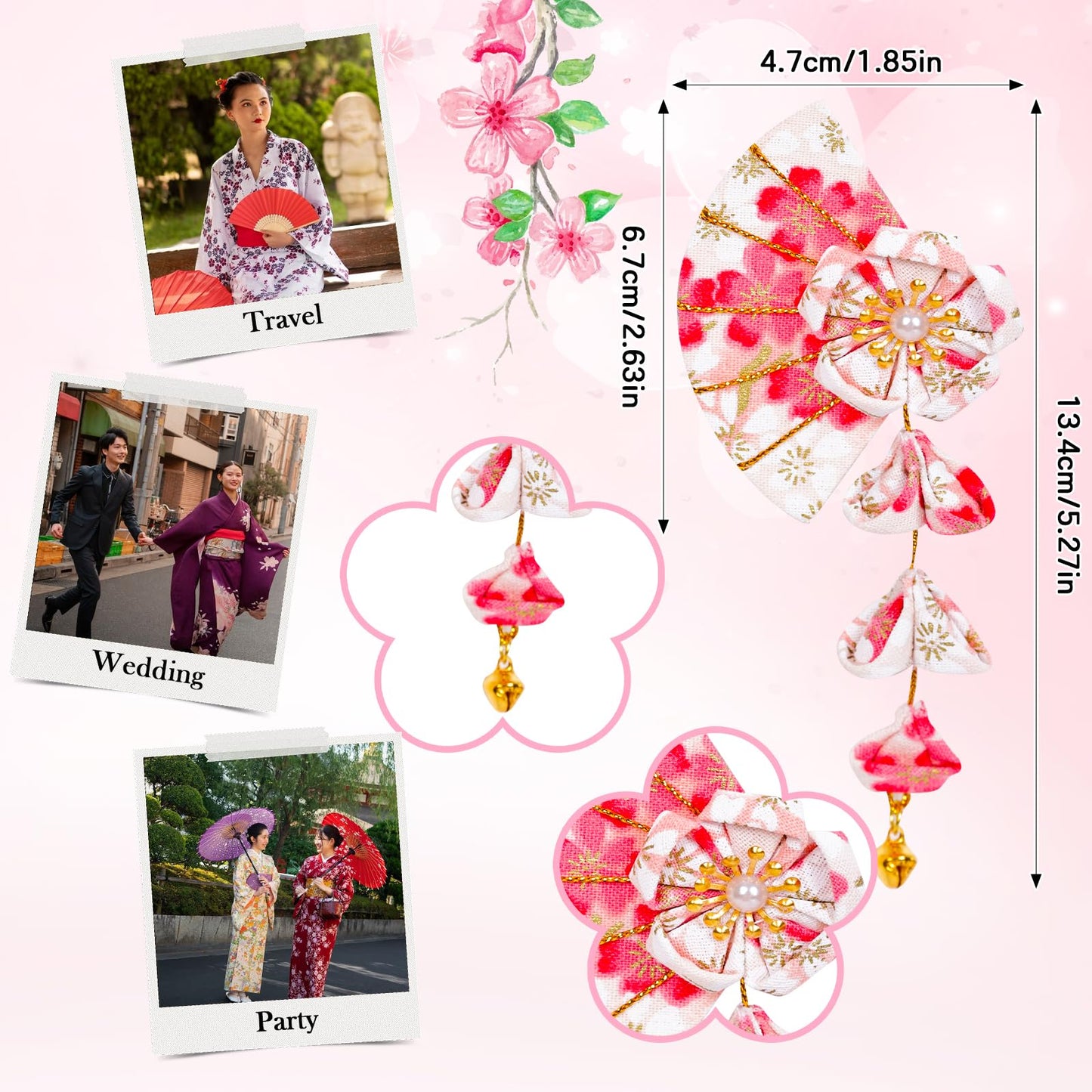 Union Power 1 Pair Japanese Style Hair Clips Sector Tassel Hair Accessories Flower Kimono Traditional Hairpins Barrette Cherry Blossom Hair Clamp Bride Hanfu Accessory for Womens (Pink)