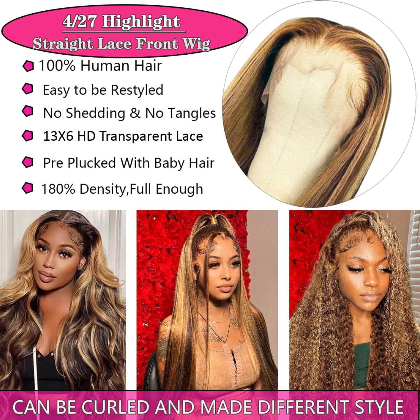 Cypha Ombre Lace Front Wig Human Hair Highlight 13x6 HD Straight Lace Front Wigs 180% Density 4/27 Colored Honey Blonde HD Lace Frontal Wigs For Women Glueless Pre Plucked with Baby Hair 20inch