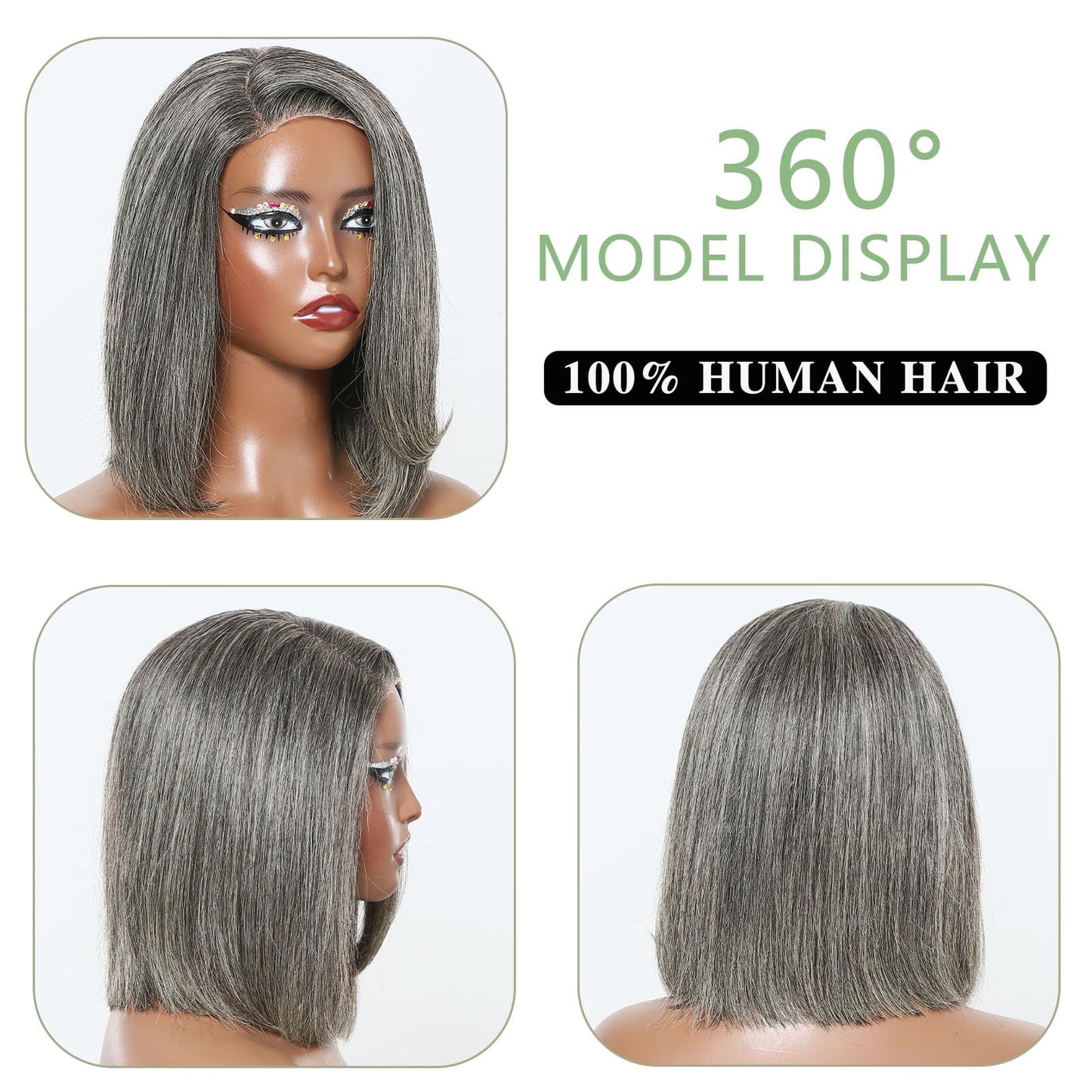 HANASCC 12" Salt and Pepper Human Hair Wigs Pre Plucked Grey Straight Short Bob Wig Pre Cut 5x5 Closure HD Transparent Gluelss Gray Lace Front Wigs for Women