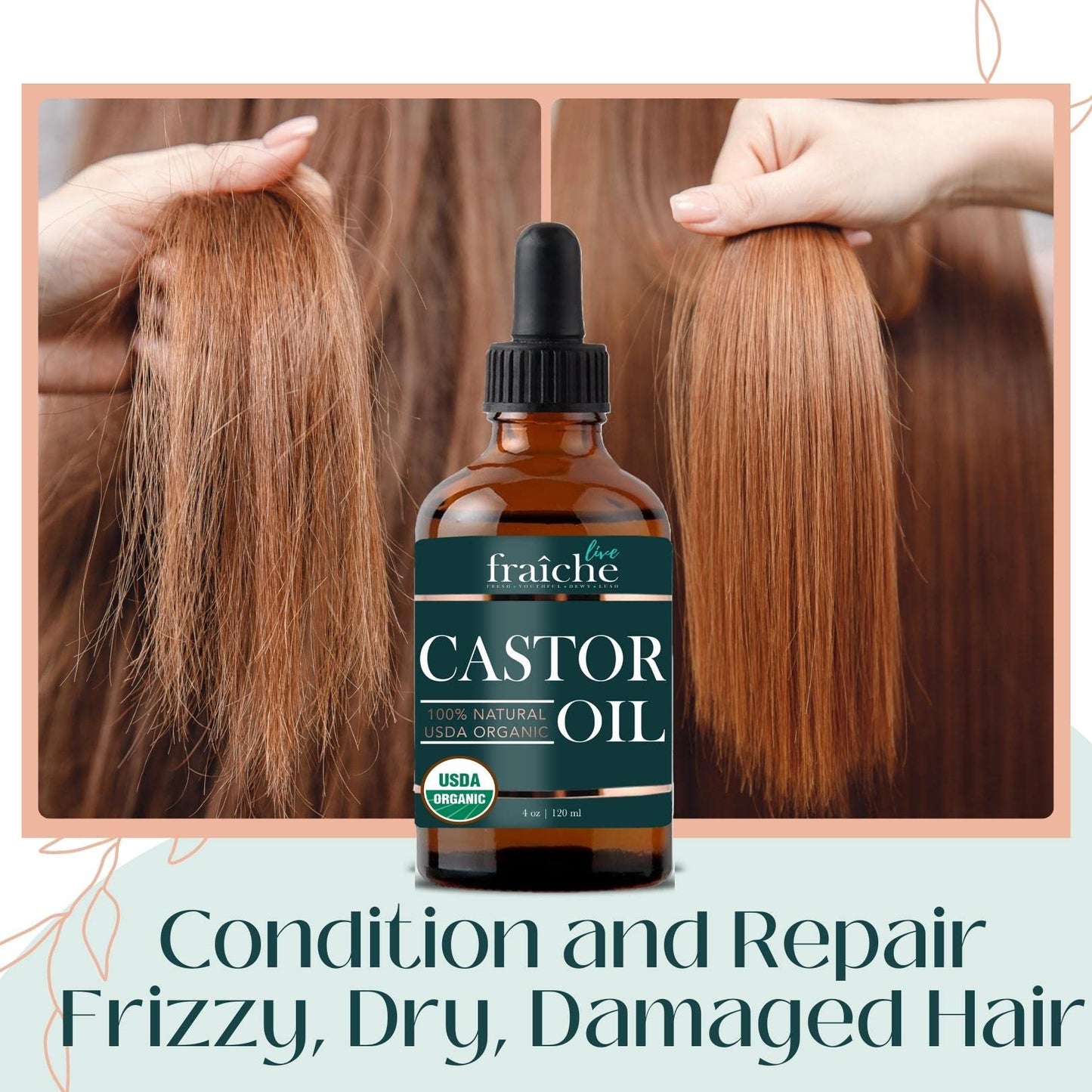 Live Fraiche Organic Castor Oil (4oz) + Filled Mascara Tube, 100% USDA Pure, Cold Pressed, Hexane Free Lash Serum Hair Growth Oil for Eyelashes, Eyebrows, Hair - Brow and Hair Treatment Oil