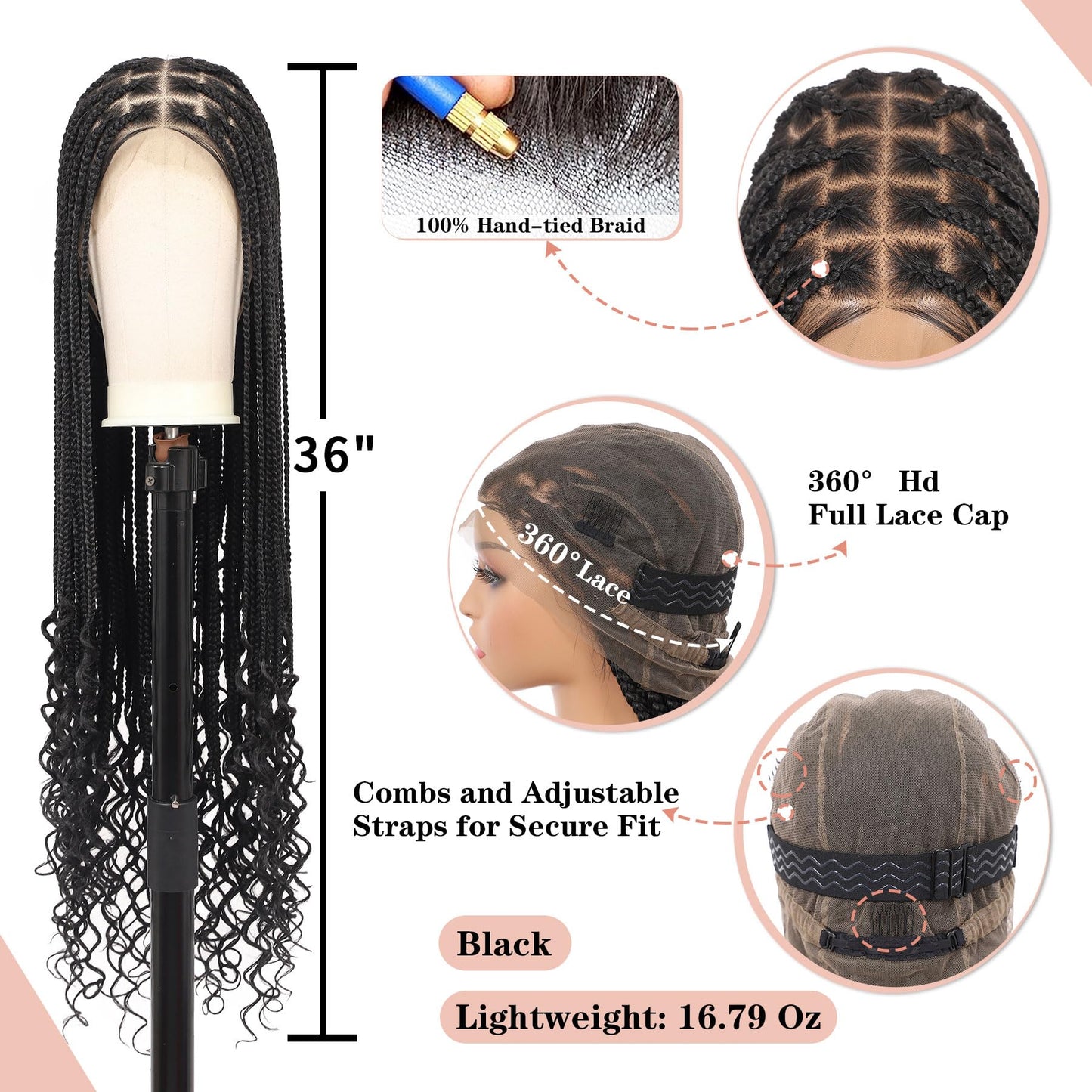 Lexqui 36 inch 360° Hd Full Lace Braided Wigs for Women Knotless Braided Wigs Box Braid Wig with Curly End Braid Lace Front Wig with Baby Hair Black