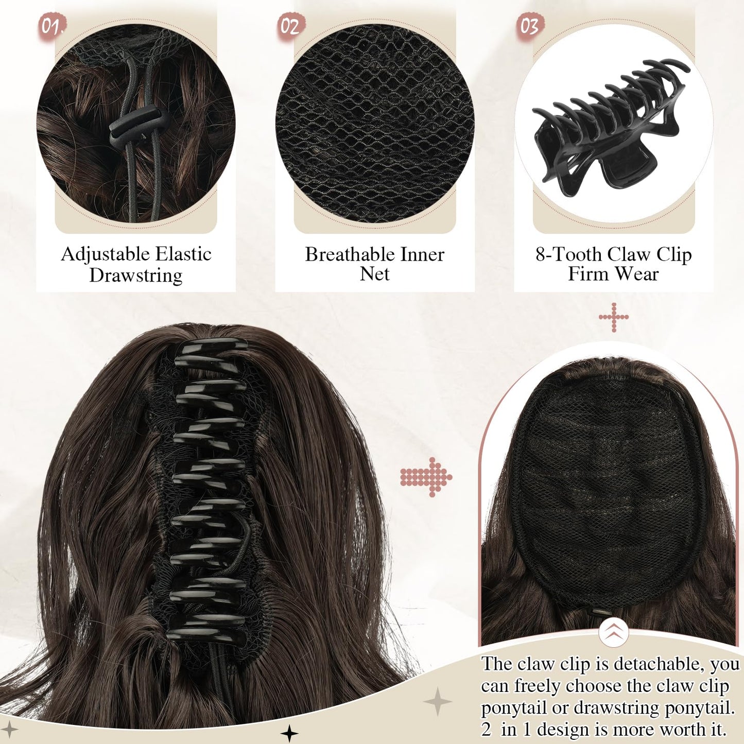 SOFEIYAN Ponytail Extension 11 inch Claw Clip Ponytail Hair Extensions Long Curly Wavy Ponytail Fluffy Clip on Pony Tails Synthetic Hairpiece for Women,Dark Brown/Golden Auburn