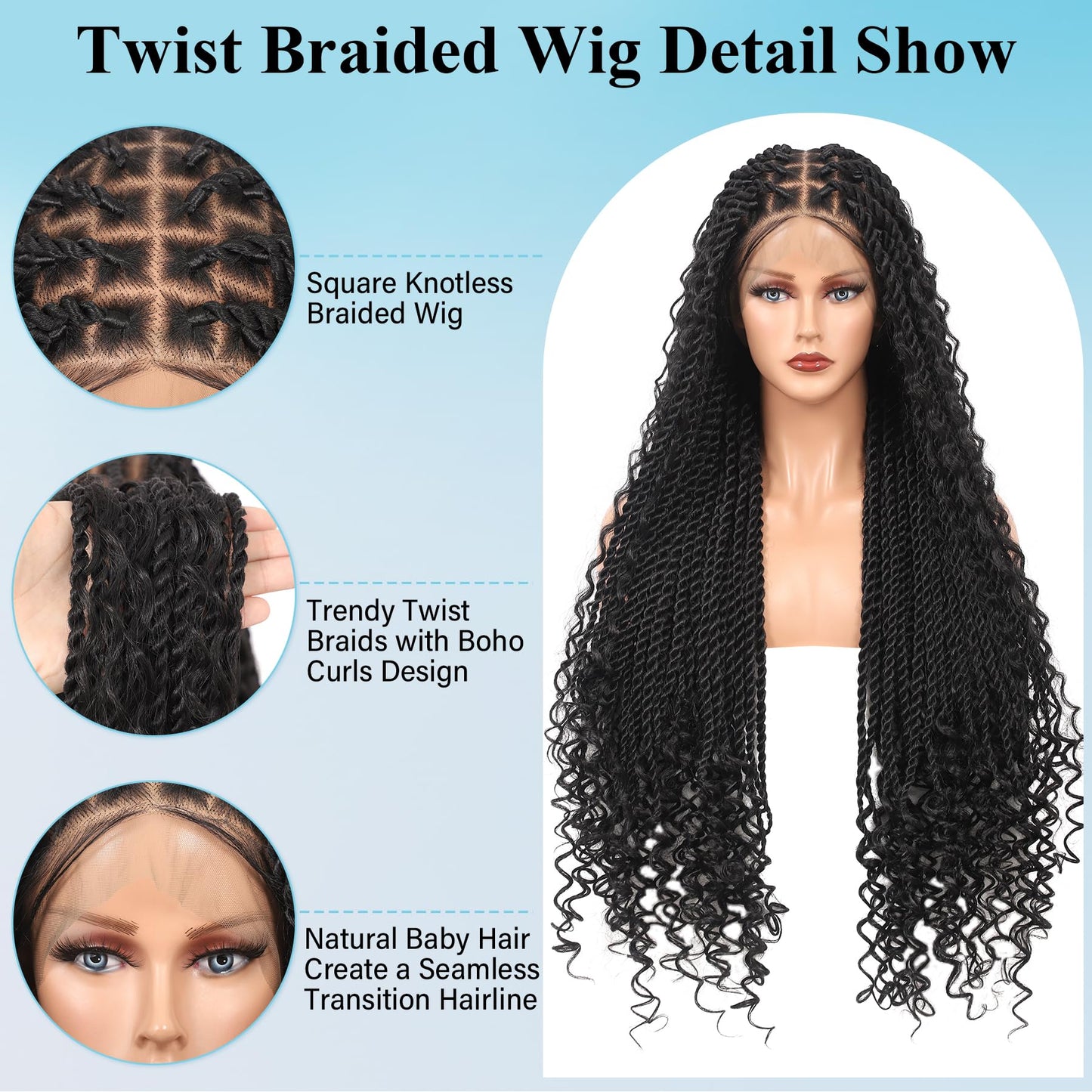 Olymei 360° HD Full Lace Braided Wigs for Women Knotless Boho Braided Wigs Twisted Braid Lace Wig with Baby Premium Synthetic Blended Braid Lace Front Wig Black 36"