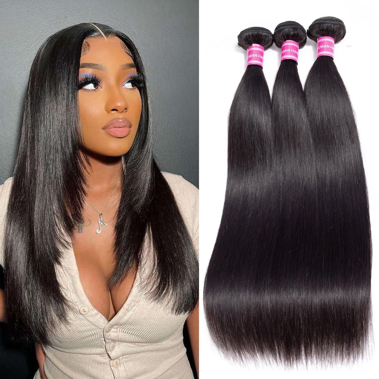 PINJUOO Straight Bundles Human Hair 16 18 20 inch 100% Unprocessed Virgin Remy Hair Bundles Weave 3 Bundles Raw Hair Extensions Natural Color for Women