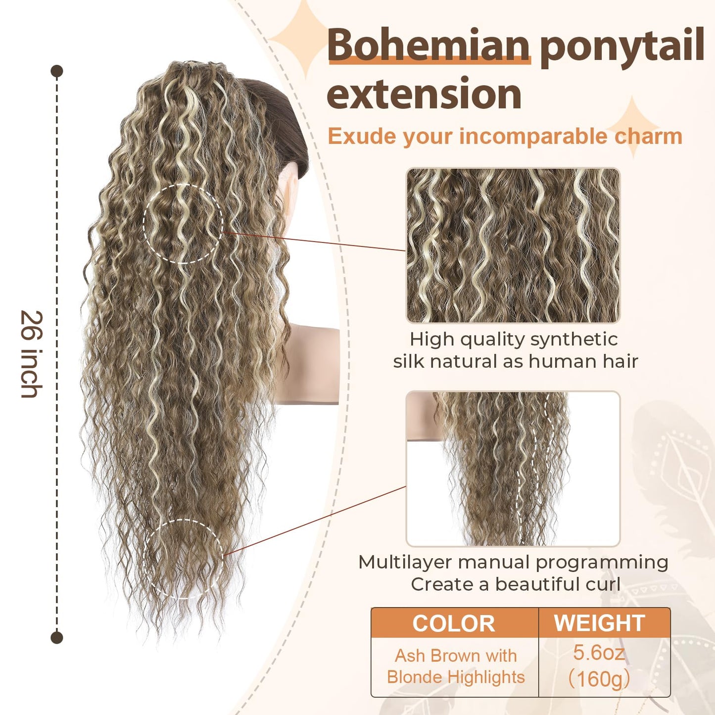 Flufymooz Ponytail Extension, 26 Inch Bohemian Style Drawstring Ponytail Hair Extensions for Women, Long Curly Wavy Pony Tail Natural Synthetic Hairpiece for Women (Ash Brown with Blonde Highlights)
