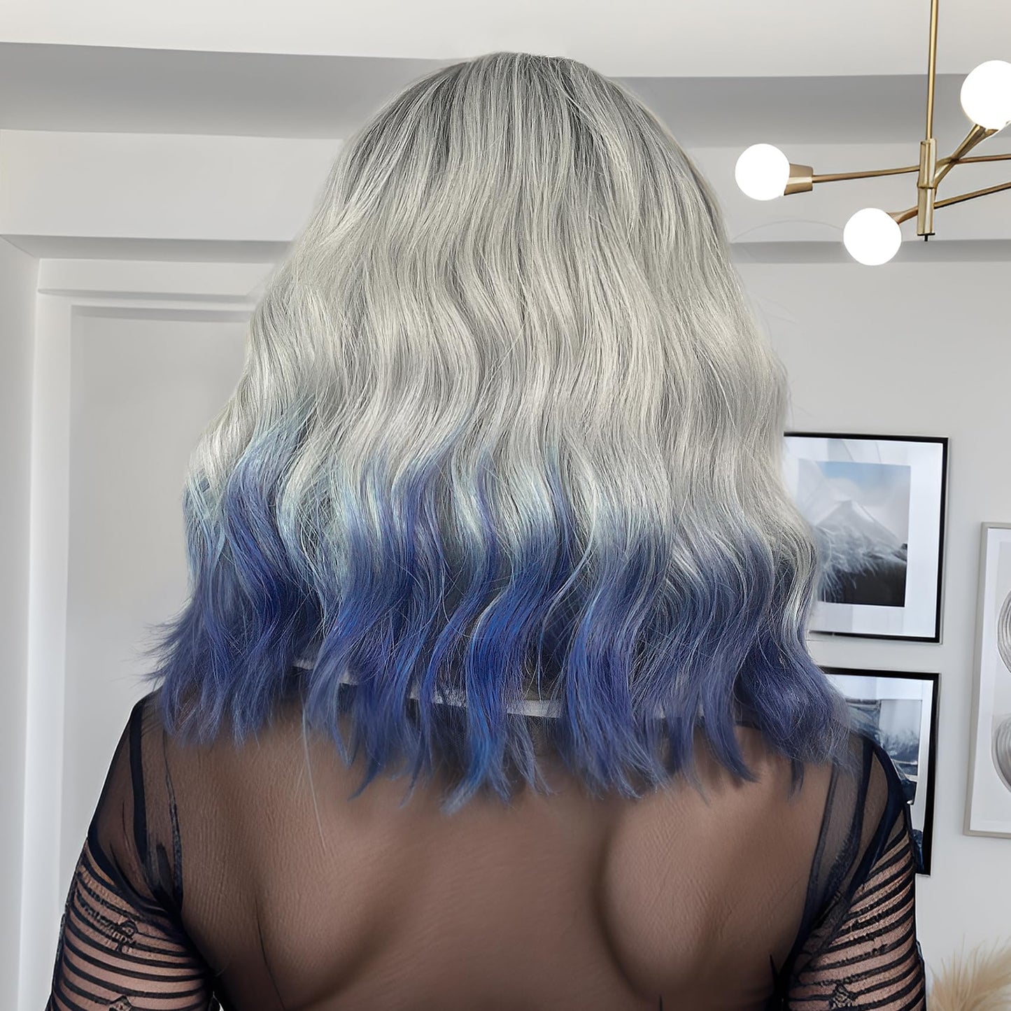 MUPUL Black Ombre silver gray To Blue Wig Short Body Wavy Bob Wigs for Women Shoulder Length Synthetic Cosplay Party Wig for Girls Daily Use Colorful Wigs