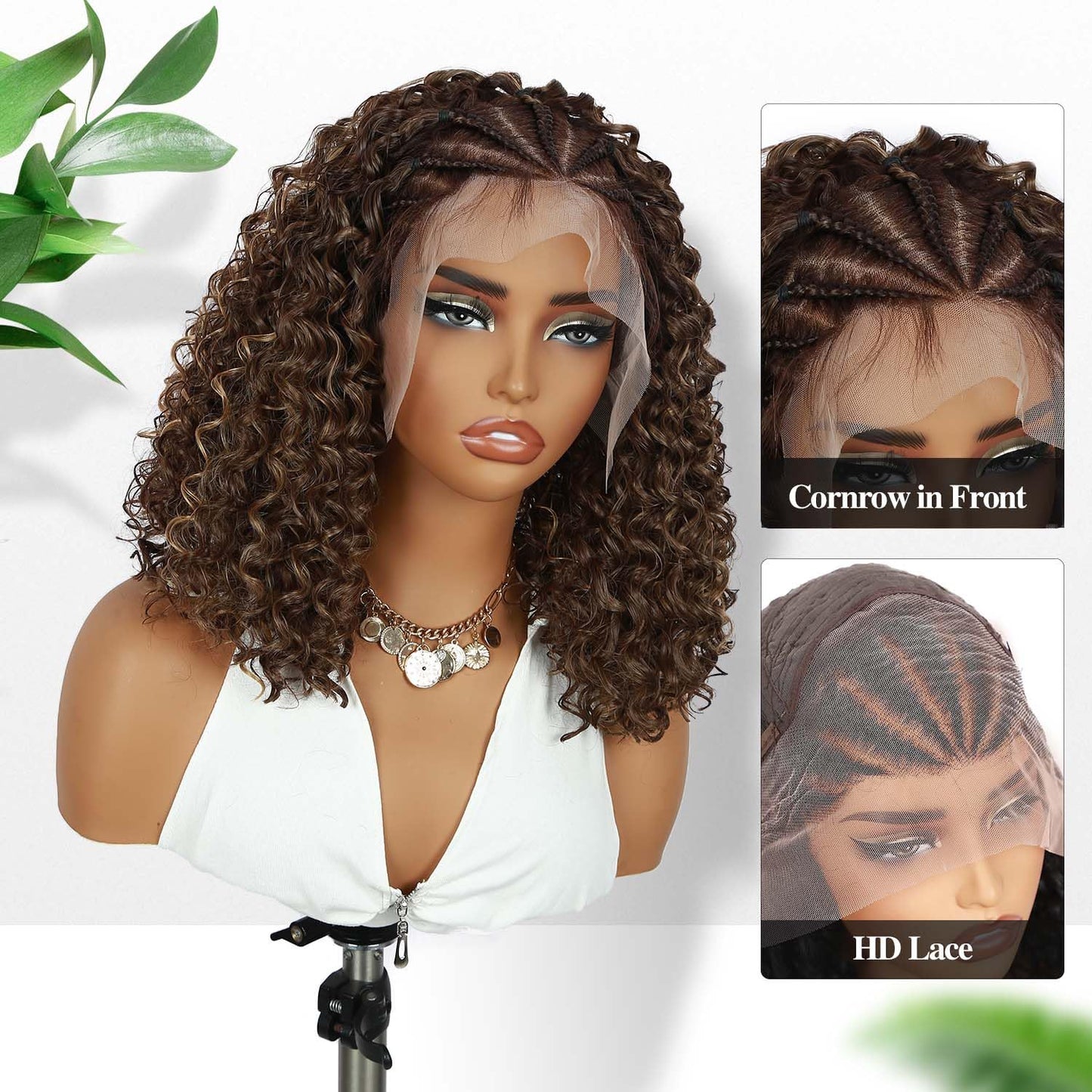 Fancy Hair Braided Wig Cornrow with Curly Hair Wig HD Lace Front Wig with Baby Hair Pre Plucked Glueless Transparent 13x4 Inch Brown Mixed Blonde Wig for Black Women