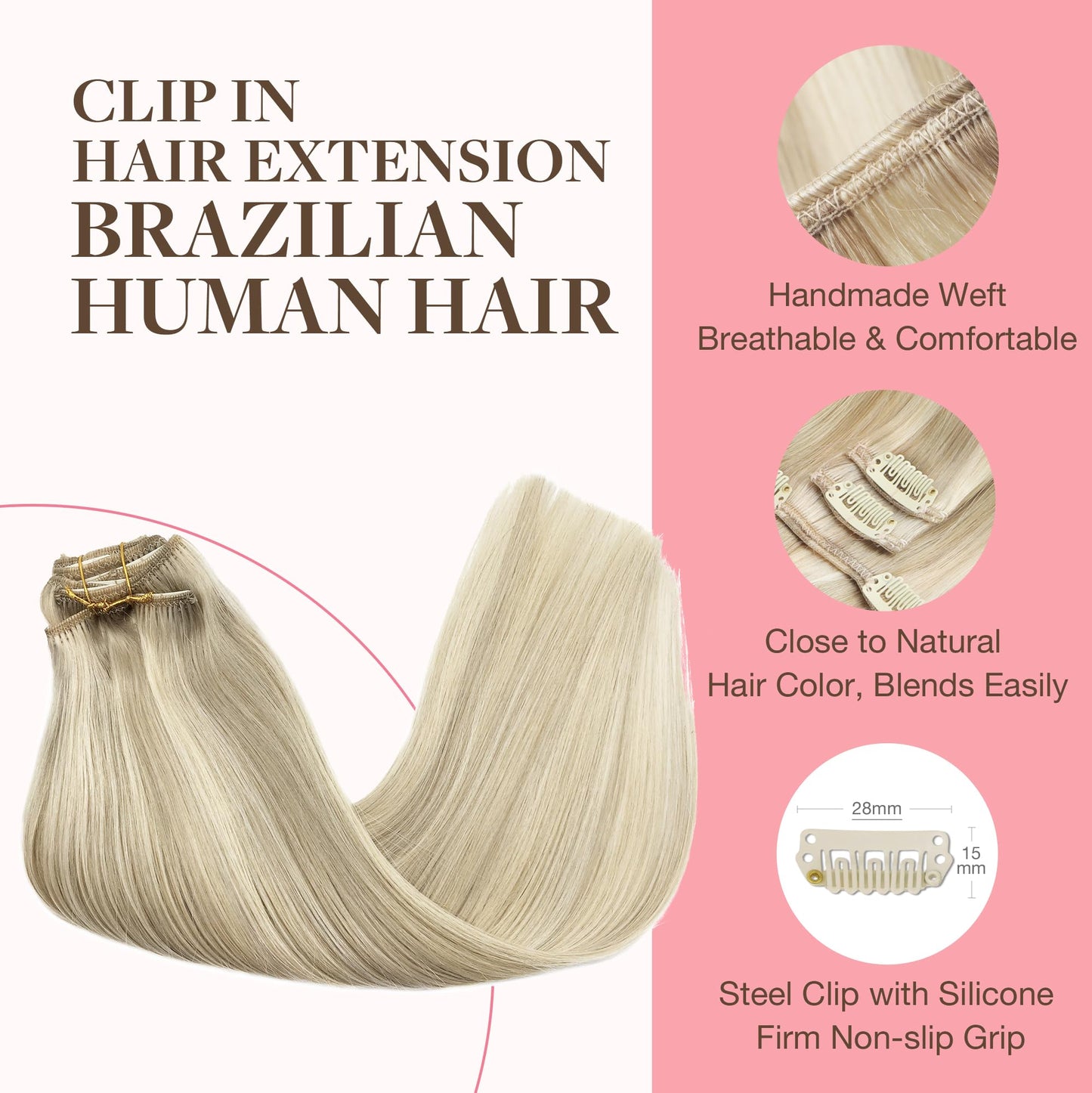 GOO GOO Clip in Hair Extensions Real Human Hair, Remy Human Hair Extensions Clip ins for Women, Natural Human Hair, 14inch 120g 7Pcs, 17A/60A Ash Blonde Highlighted Platinum Blonde
