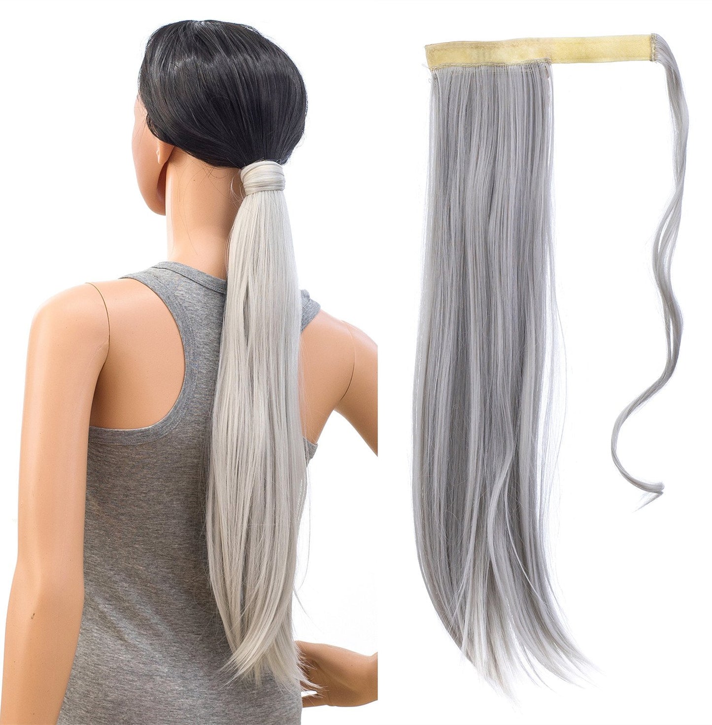 SWACC Women Long Straight/Curly Wavy Wrap Around Ponytail Extension Synthetic Hair Piece Clip in Hair extensions (Straight, Silver Gray)