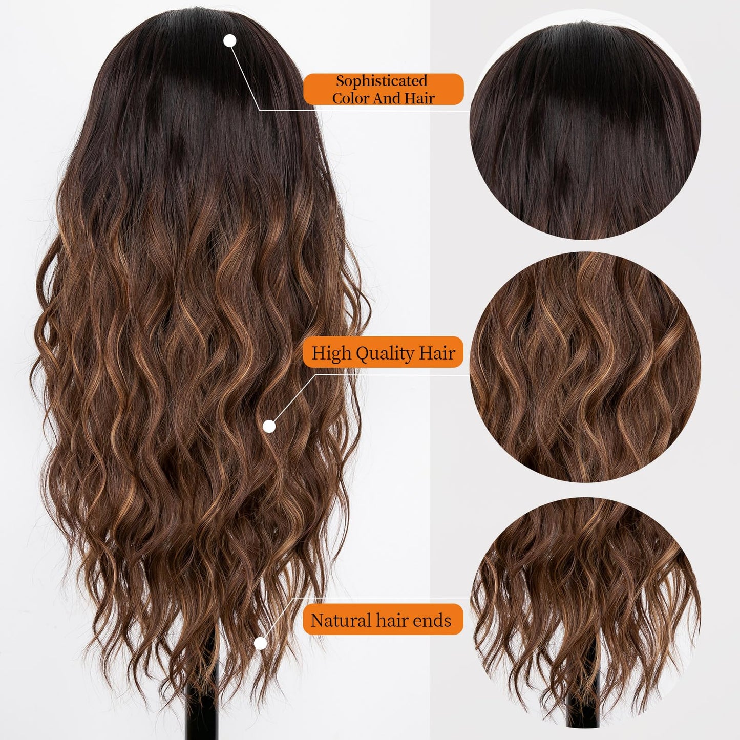 Nnzes Long Brown Wavy Wig with Highlights Middle Part Curly Wigs Lace Hairline Wigs for Women Ombre Brown Synthetic Heat Resistant Wigs for Daily Part Use