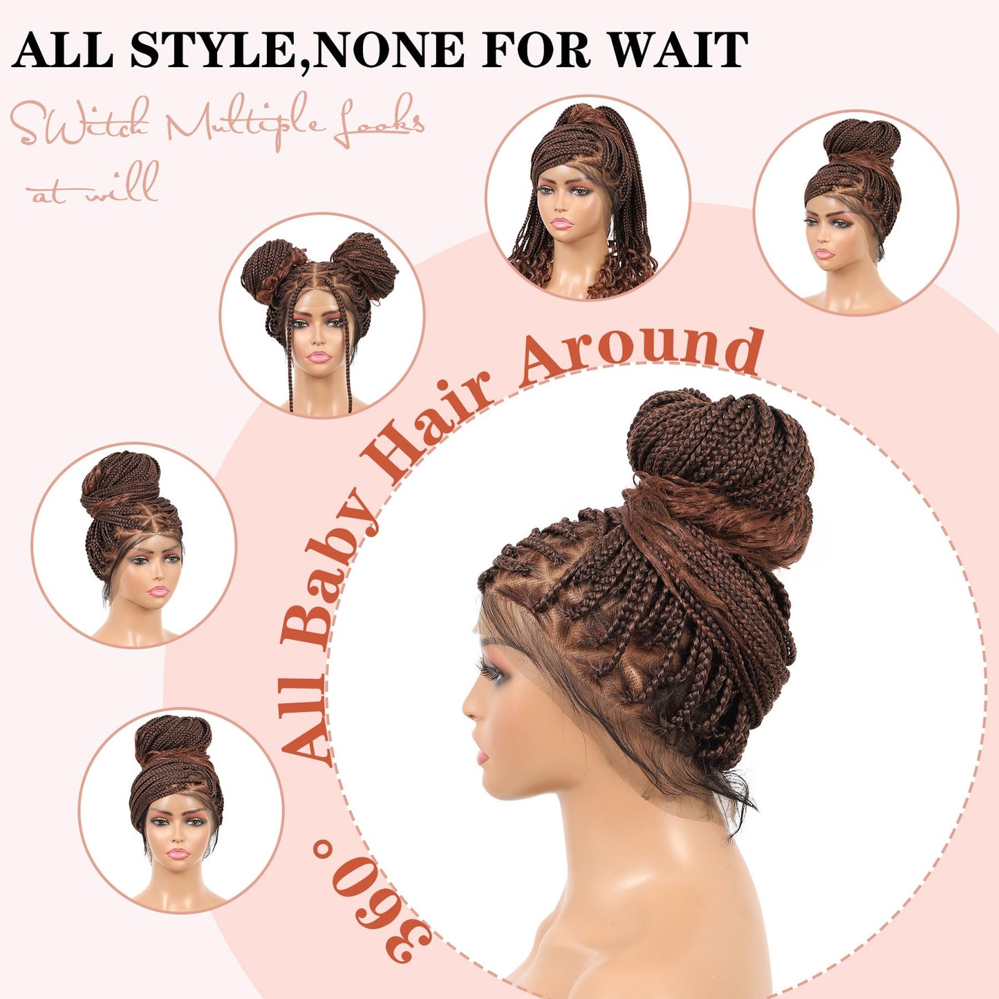 Lexqui 36" 360° HD Full Lace Braided Wigs with Boho Curly End Box Braid Wig with Baby Hair Ombre Brown Natural Triangle Knotless Braided Wigs for Women Synthetic Hair Braided Lace Front Wig