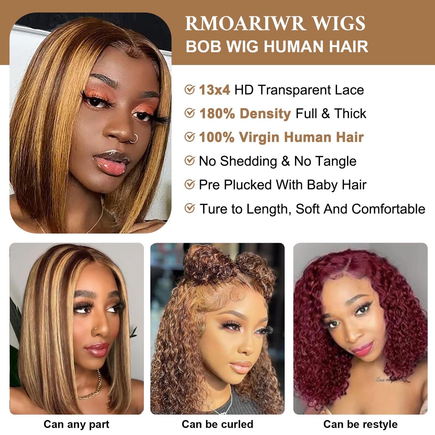 RMOARIWR Highlight 4/27 Bob Wig Human Hair 180% Density 13x4 HD Transparent Lace Front Wigs Human Hair Pre Plucked Short Bob Glueless Straight Wigs Human Hair for Women 16 Inch