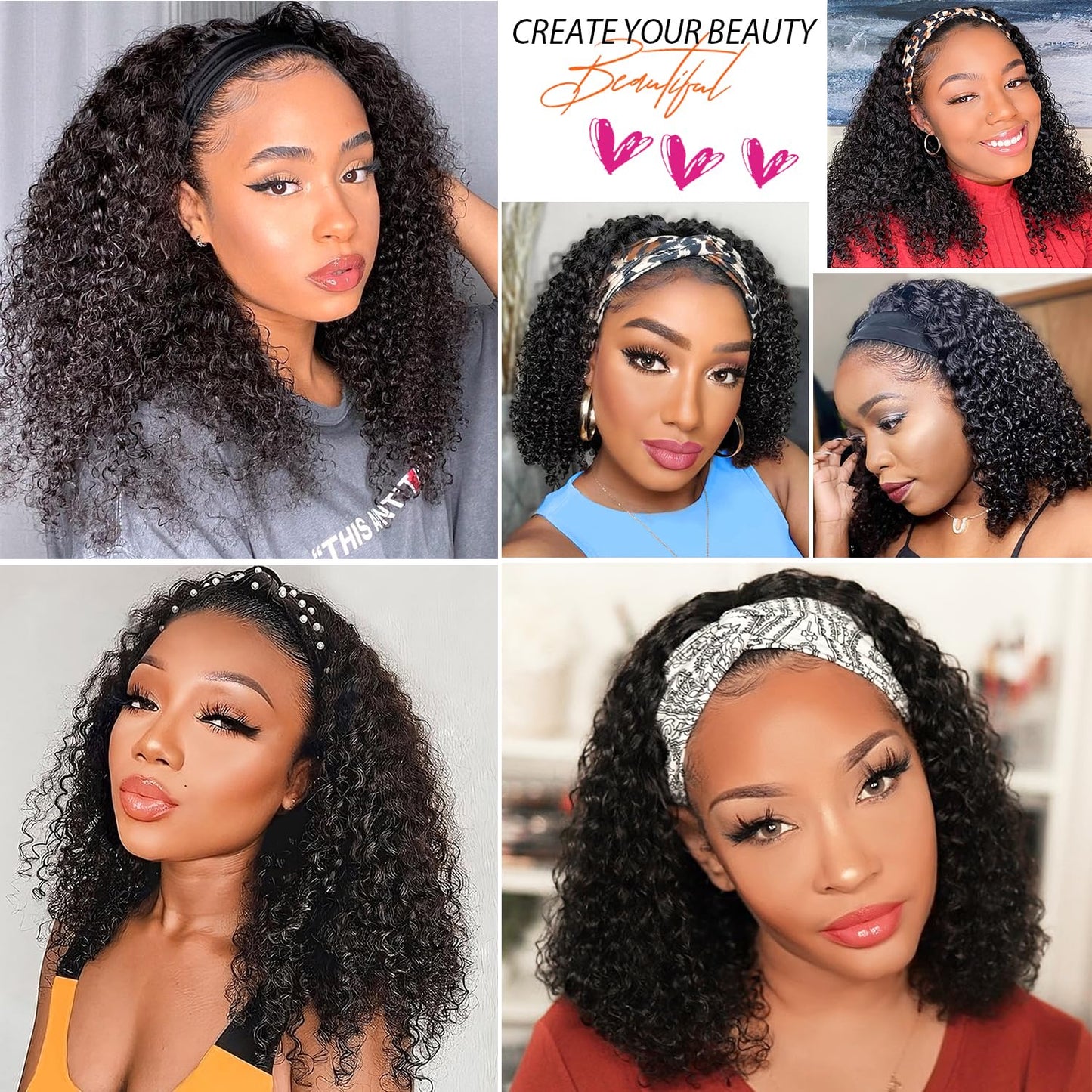AISI QUEENS Headband Wig Human Hair For Black Women Jerry Curly Wigs Easy Wear Glueless Human Hair None Lace Front Wig Short Curly Headband Wigs (10 Inch, Curly Headband Wigs)