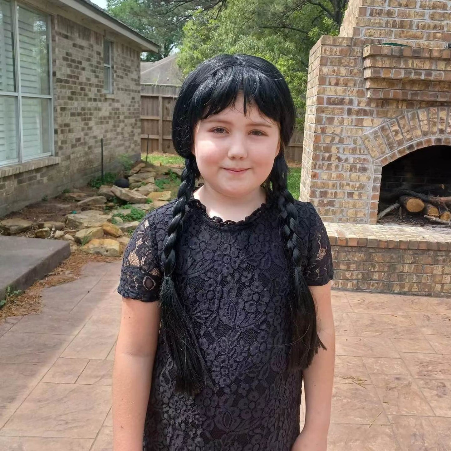 WanBigVa Long Black Braided Wig with Bang for Kids Girls Gothic Party Cosplay Hair for Halloween Costume Dress-up