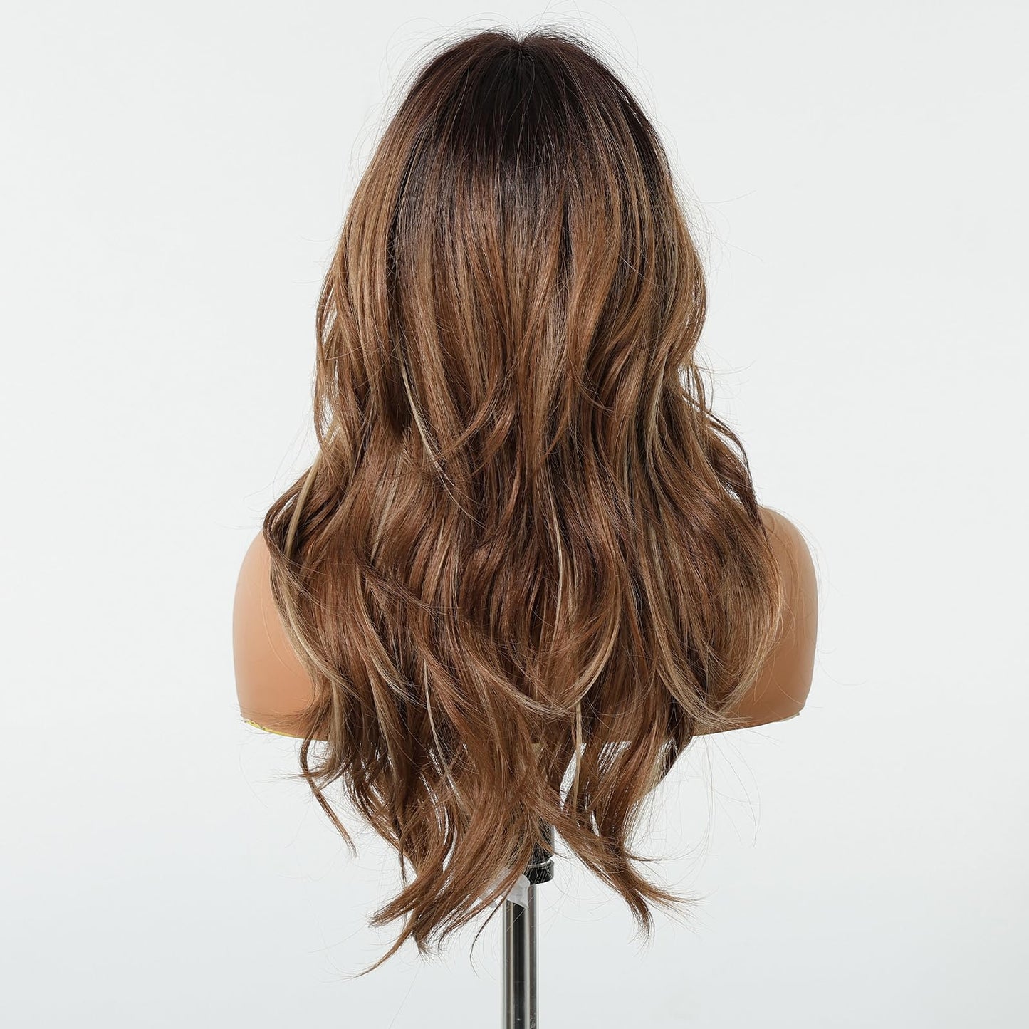Tumhorn Long Brown Layered Wig with Curtain Bangs for Women Highlight Brown Mixed Blonde Wavy Wig Natural Looking Heat Resistant Synthetic Wigs for Daily Party Use