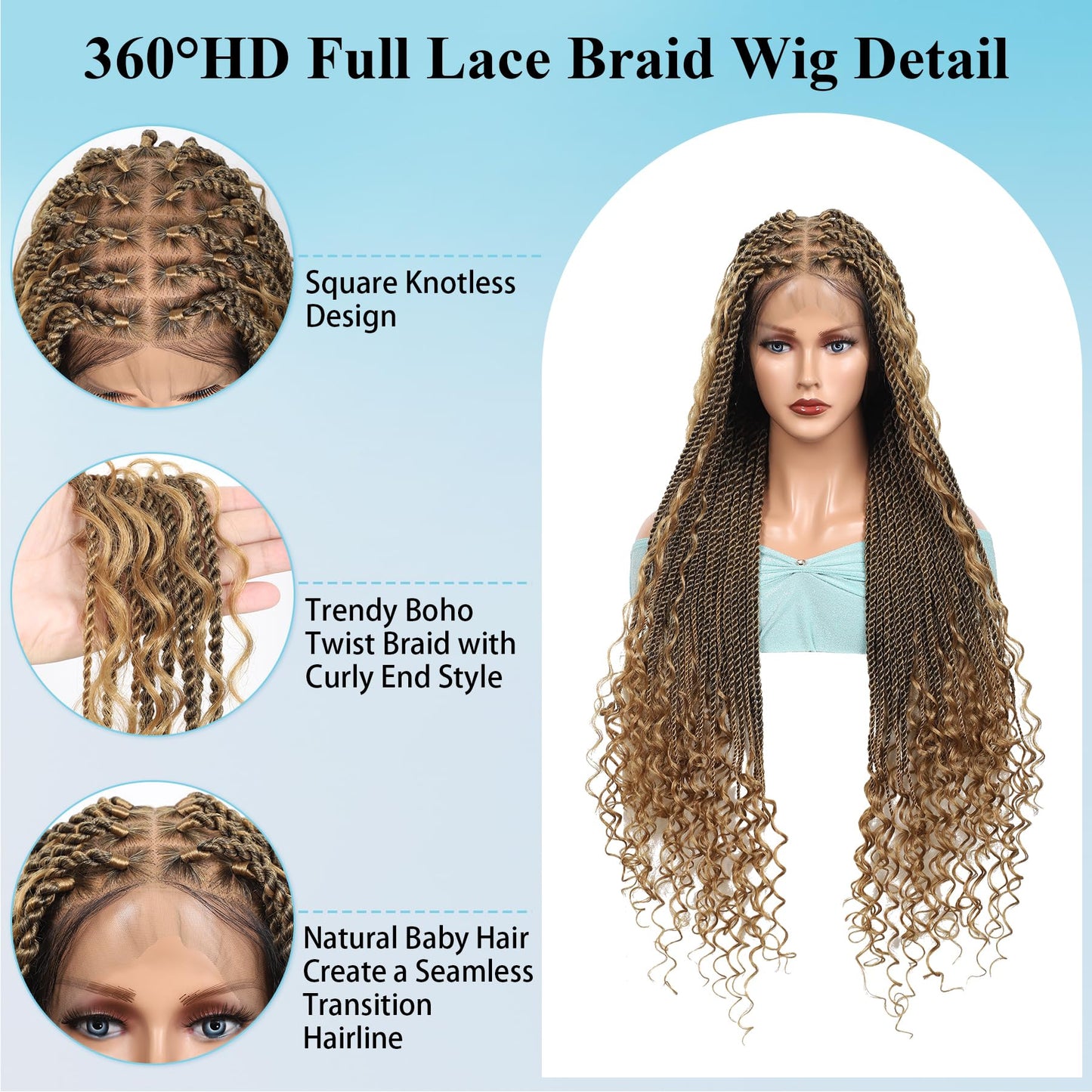 Olymei 360° HD Full Lace Braided Wigs for Women Knotless Boho Braided Wigs Twisted Braids Lace Wig with Baby Hair Premium Synthetic Braided Lace Front Wigs 36" Light Brown