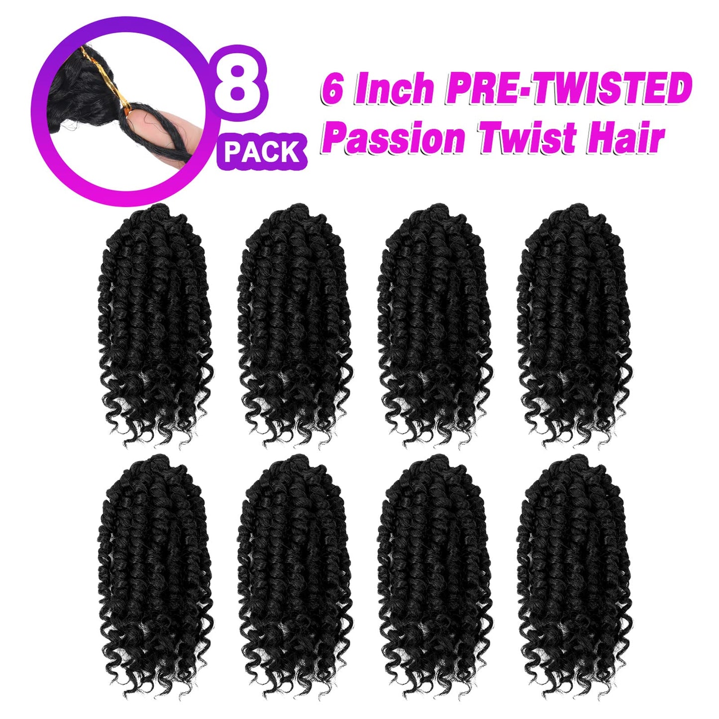 BILEAF Pre-looped Short Crochet Passion Twist Hair 6 Inch Pre-twisted Passion Twist Crochet Hair for Black Women 8 Packs Synthetic Bohemian Braiding Extensions 1B