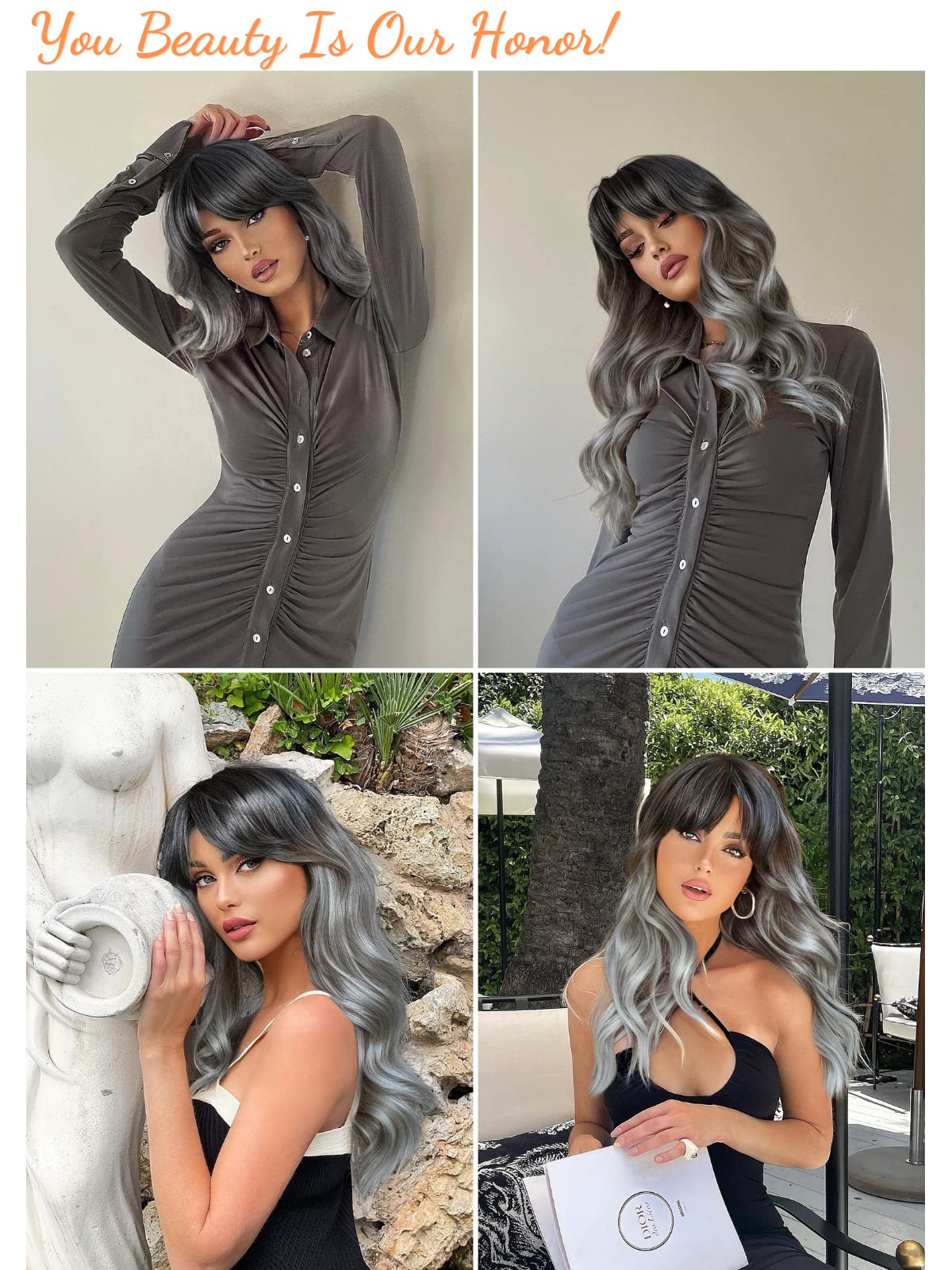 Honygebia Grey Wig with Bangs - Ombre Gray Wigs for Women, Long Wavy Layered Black Root Realistic Hair, Natural Synthetic Heat Resistant Wigs for Halloween/Christmas/Cosplay/Party