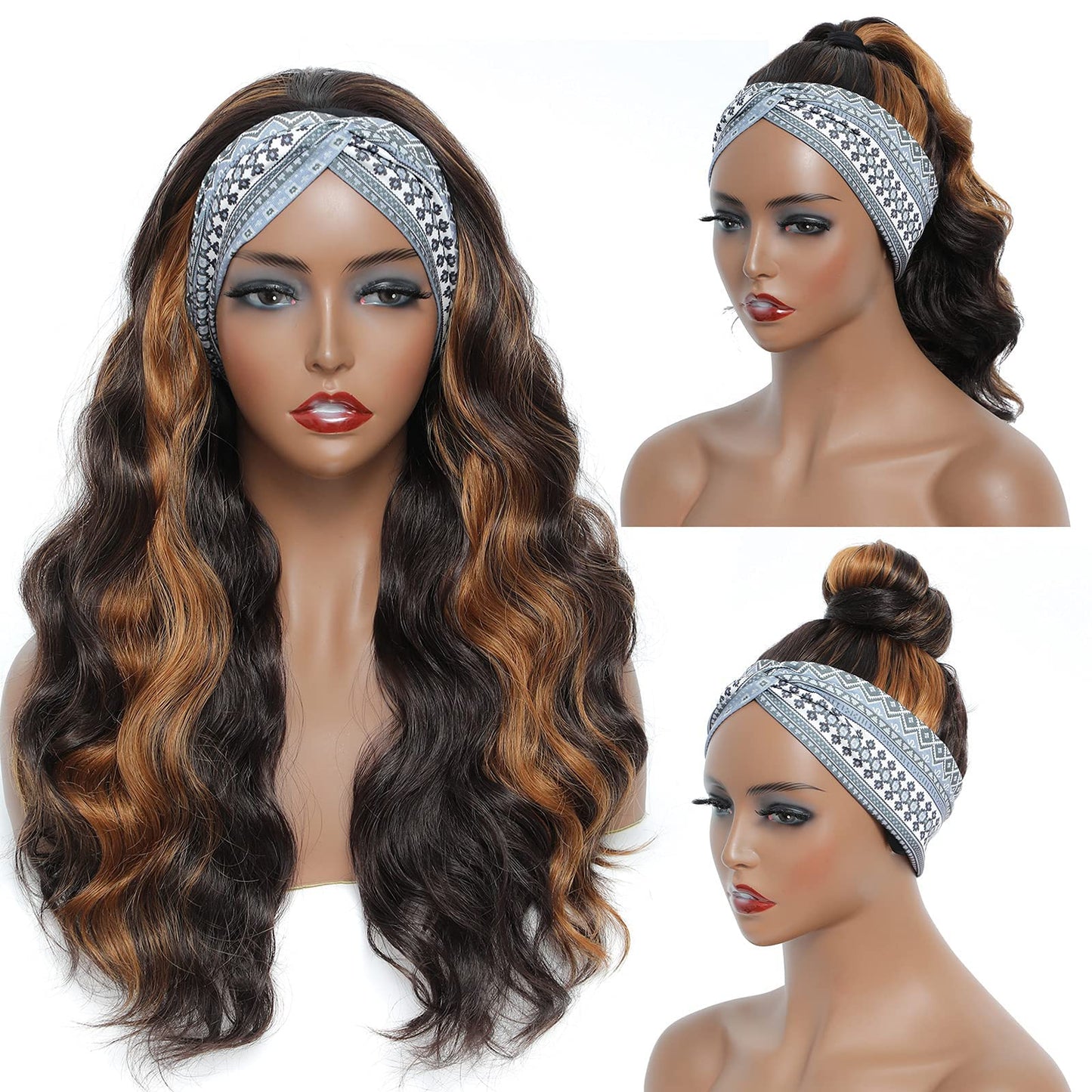 YUPEWG Long Wavy Headband Wigs for Black Women Glueless Highlight Brown And Black Synthetic Headband Wig Ready to Wear Wigs Glueless Wigs Daily Party Wear