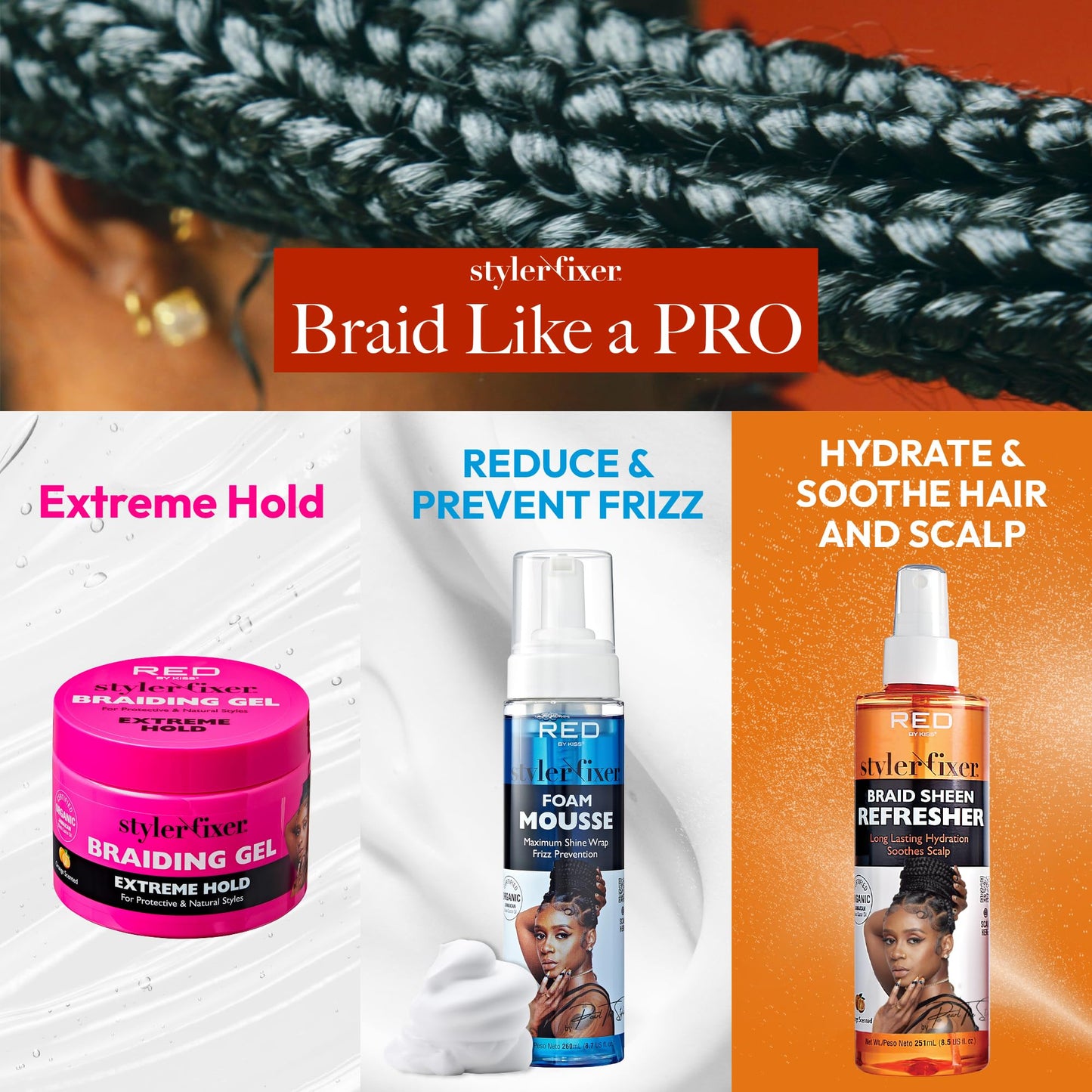 Red by Kiss Braiding Gel Extreme Hold Styler Fixer for Box Braids & Cornrows, Hydrating, Conditioning, Long-Lasting Frizz Control, 4C Moisturizing, Nourishing High Shine (6 fl. oz.)