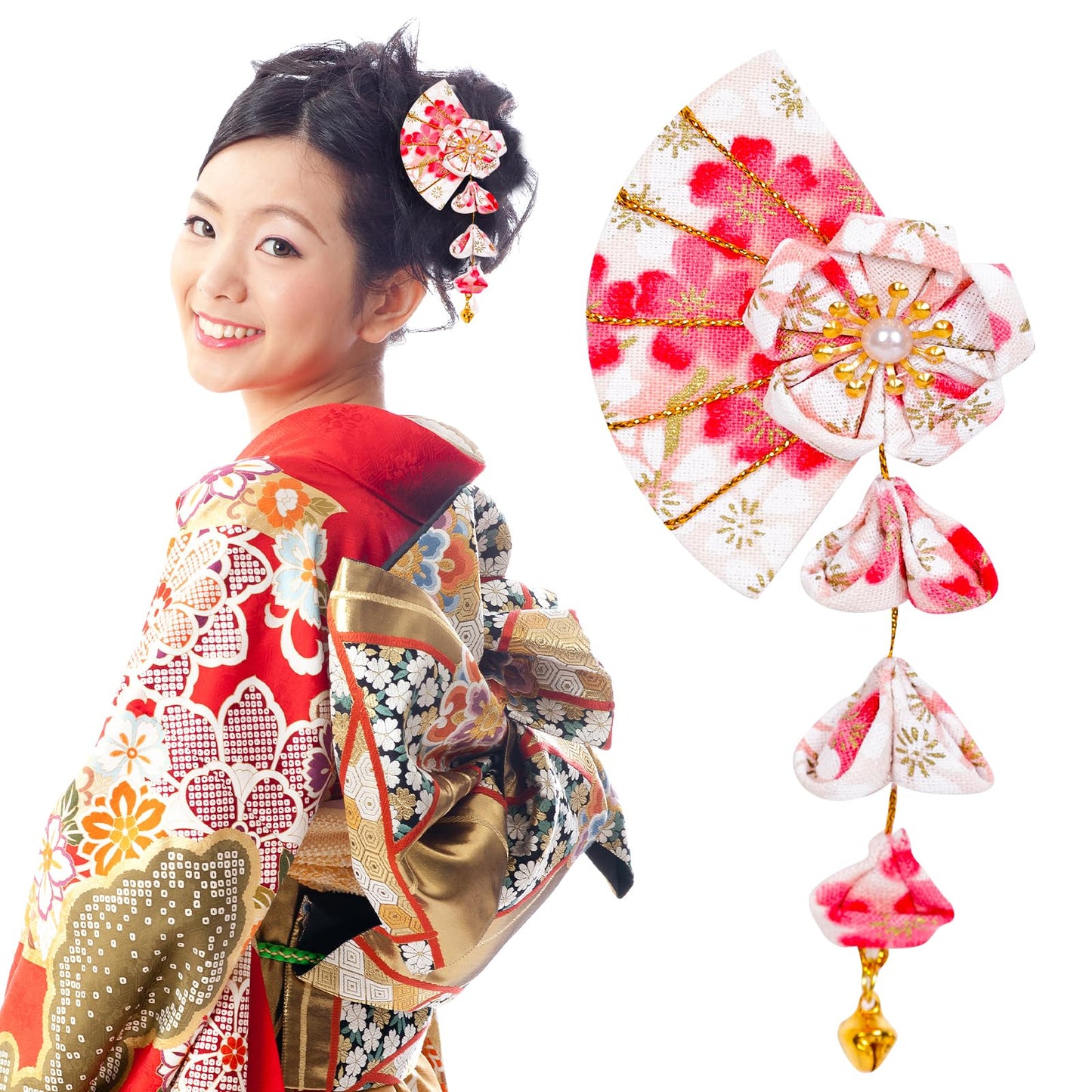 Union Power 1 Pair Japanese Style Hair Clips Sector Tassel Hair Accessories Flower Kimono Traditional Hairpins Barrette Cherry Blossom Hair Clamp Bride Hanfu Accessory for Womens (Pink)