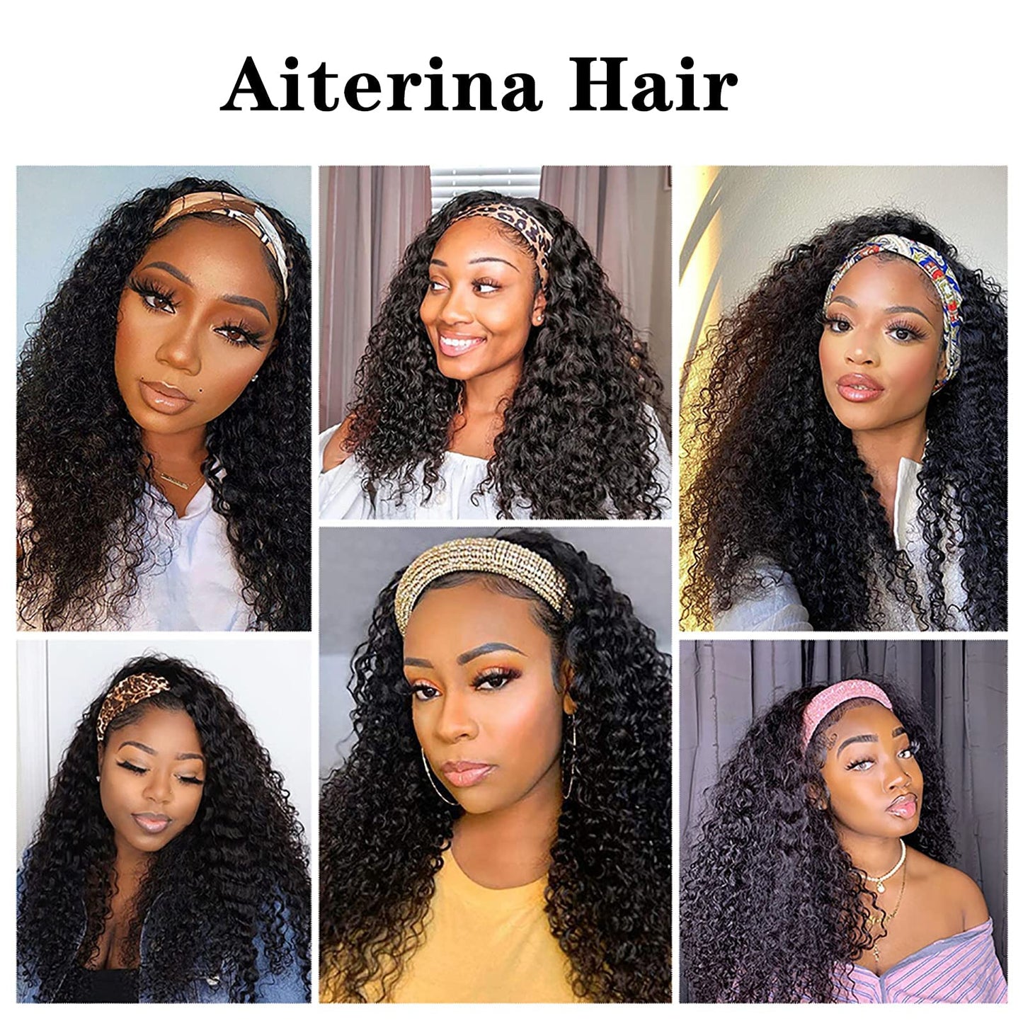 Aiterina Headband Wig Deep Wave Human Hair Wigs Virgin Hair Wigs 14 Inch None Lace Front Wigs For Black Women Deep Wave Machine Made Wigs Natural Color