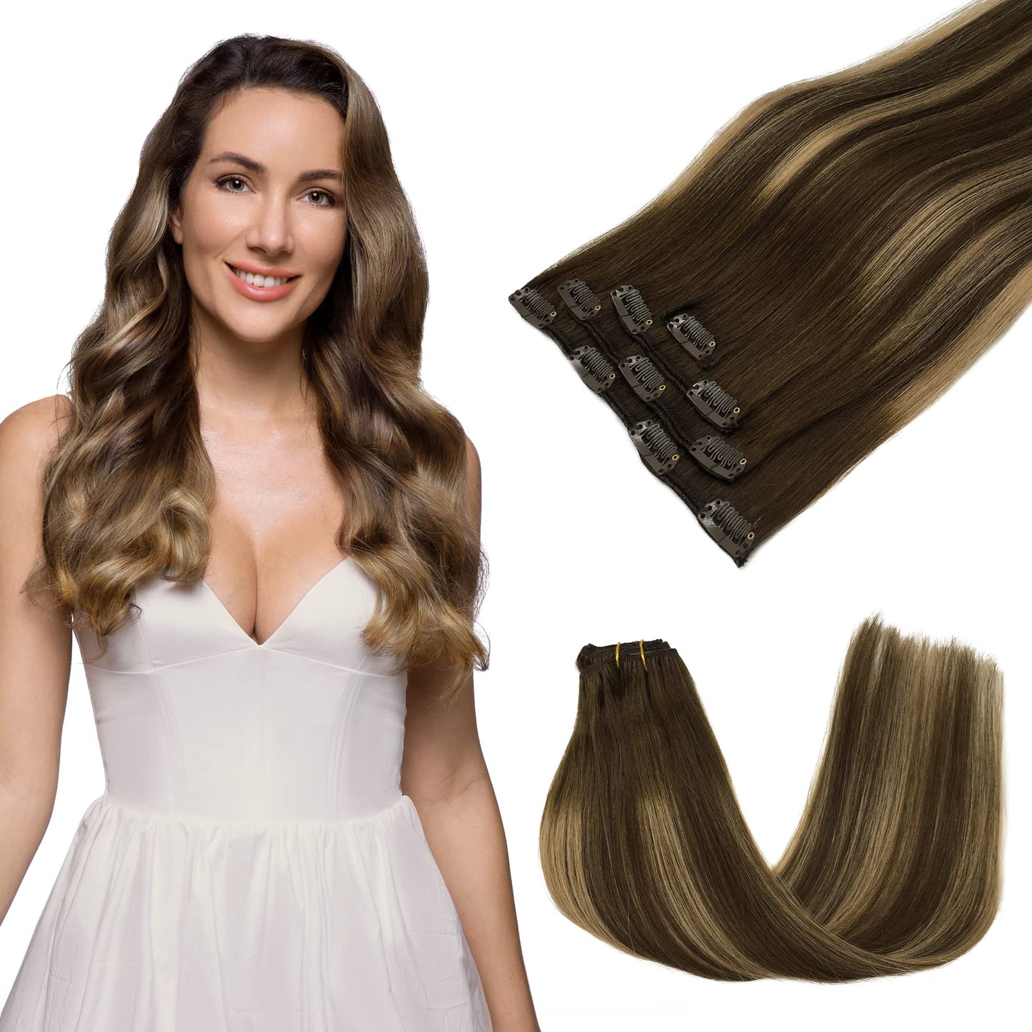 GOO GOO Clip in Hair Extensions Real Human Hair, Remy Human Hair Extensions Clip ins for Women, Natural Human Hair, 14inch 60g 4Pcs, 4/27/4 Balayage Chocolate Brown to Caramel Blonde