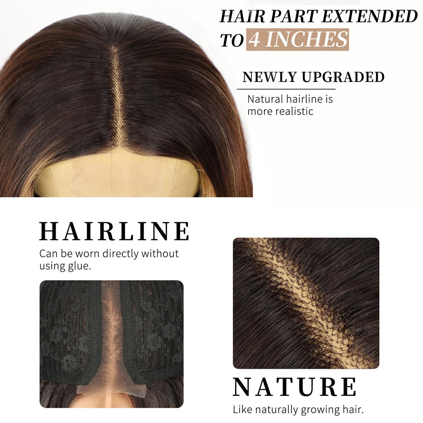 AISI HAIR Brown Highlight Wig for Women, Long Wavy Lace Hairline Middle Part Synthetic Heat Resistant Wig for Daily Party-26 Inch