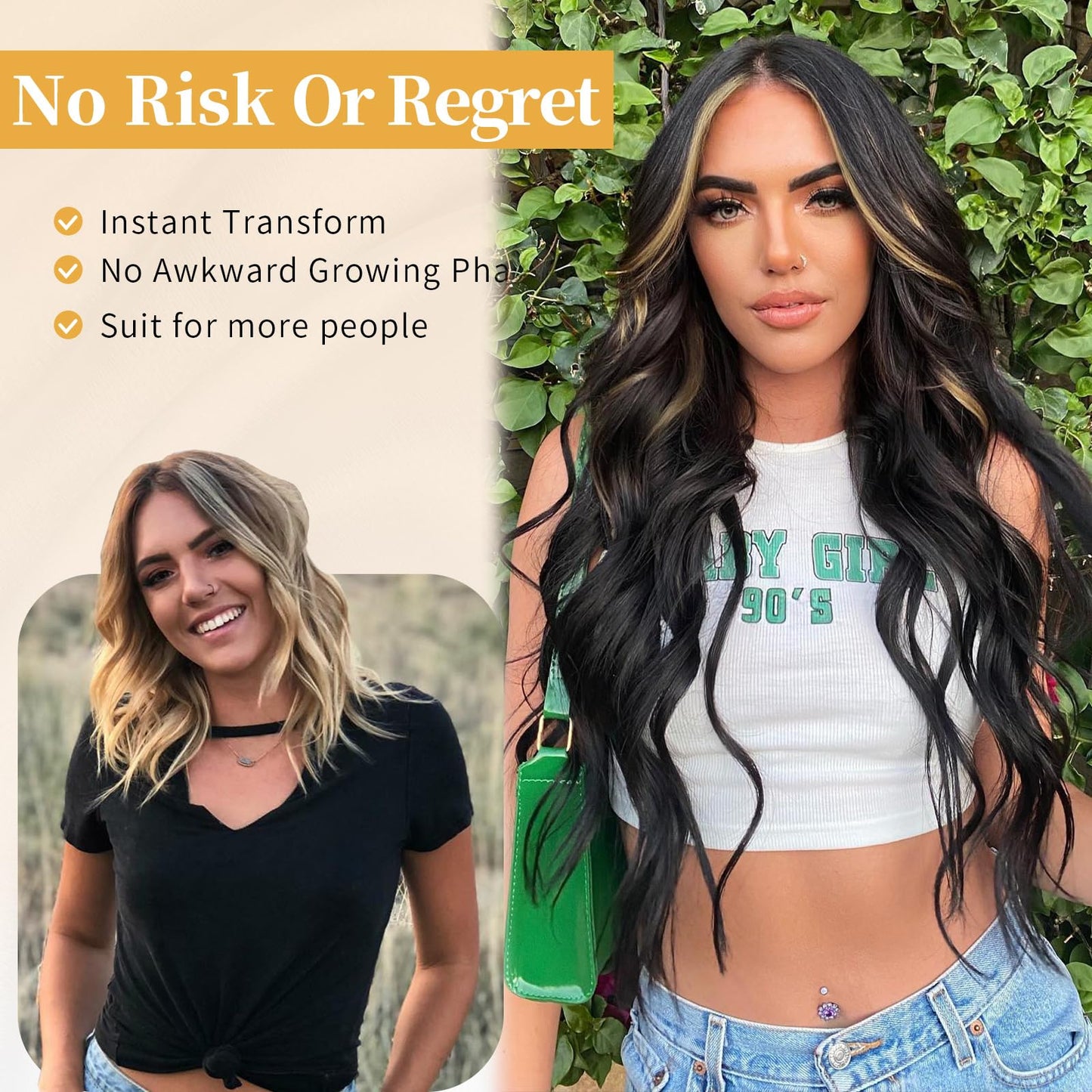 AISI HAIR Long Wavy Dark Brown with Blonde Highlight Lace Hairline Wigs for Women,Middle Part Synthetic Heat Resistant Wig for Daily Party-26 Inch