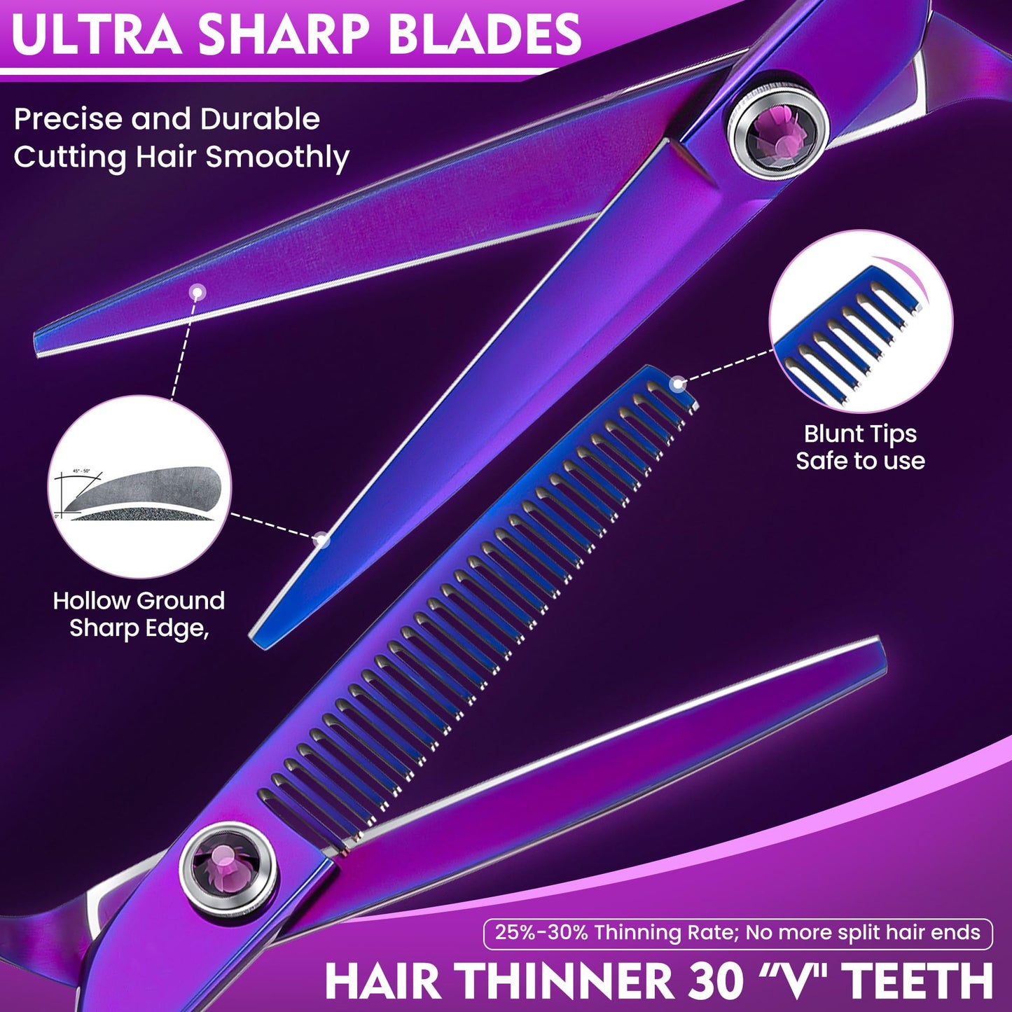 Dragon Creek Hair Cutting Thinning Scissors Set Haircut Texturizing Blending Hairdressing Shear Kit Professional for Stylist, Hairdresser, Men, Women, Kids Salon Barber Home Purple 9pcs 6"