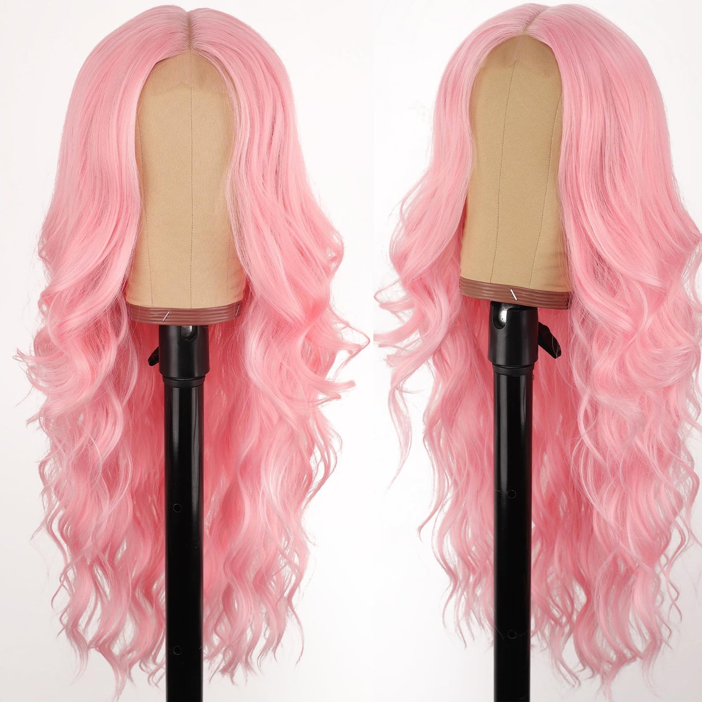 AISI HAIR Pink Wig for Women, Long Wavy Lace Hairline Middle Part Synthetic Wig for Daily Party-26 Inch