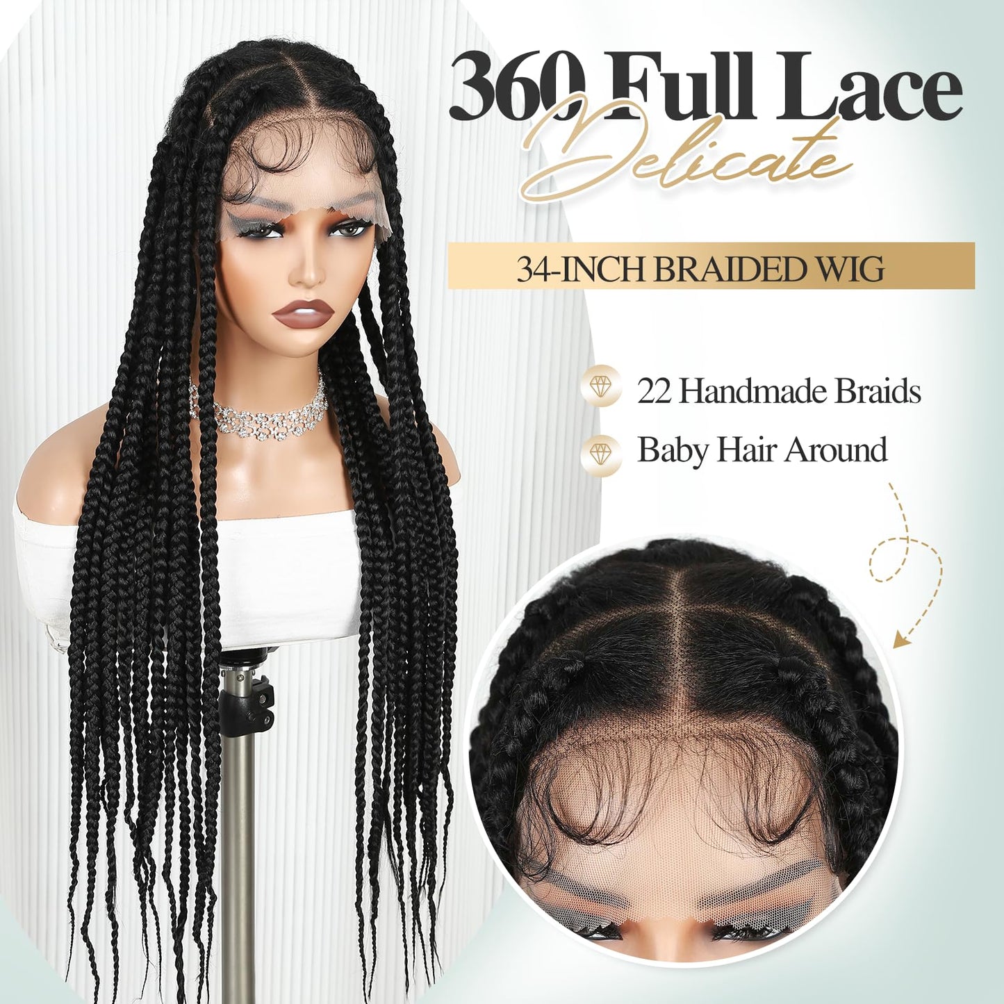 WIGER 360 Full Lace Braided Wigs for Black Women, 34 Inch Transparent HD Lace, Single-layer Jumbo Braids, 22 Handmade Braids, Natural Black Synthetic Lace Front Hair Wig