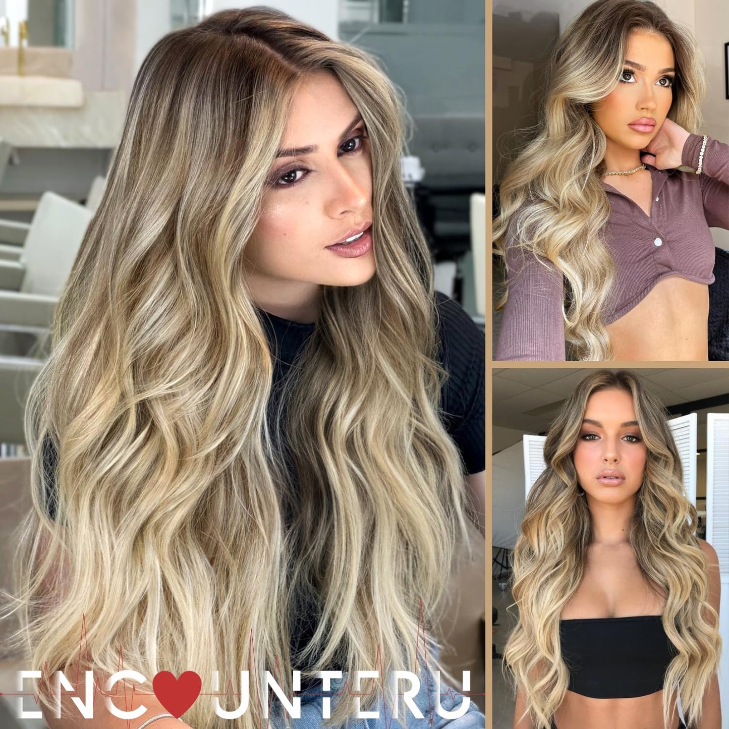 ENCOUNTERU Ombre Blonde Wear and Go Glueless Wig with Bangs Pre Plucked Body Wave Synthetic Lace Front Wigs for Women 13x5x1 Pre Cut Lace Dirty Blonde Wig Middle Part 26 Inch